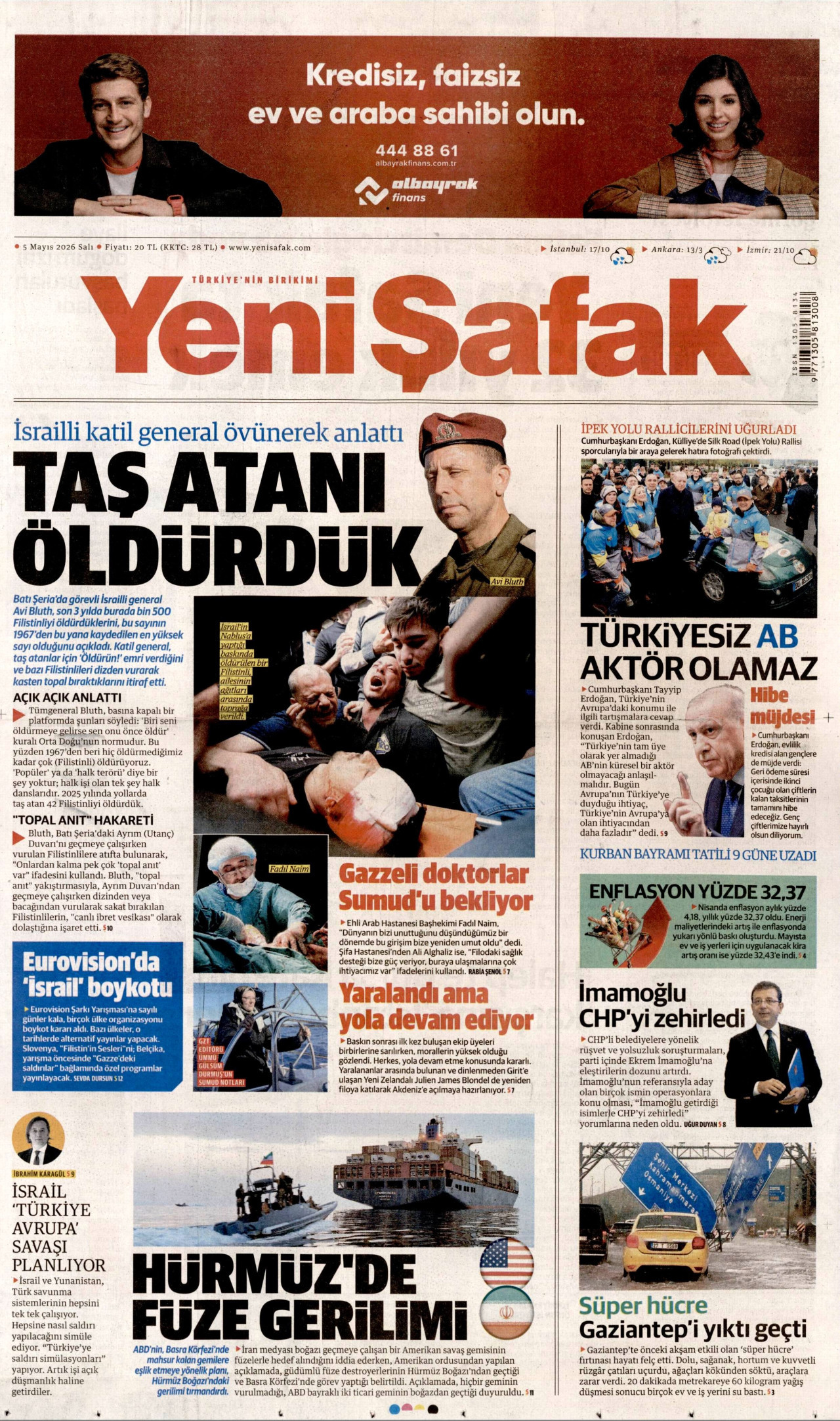 YENİ ŞAFAK gazetesinin 5 Mayıs 2026 tarihli birinci sayfası