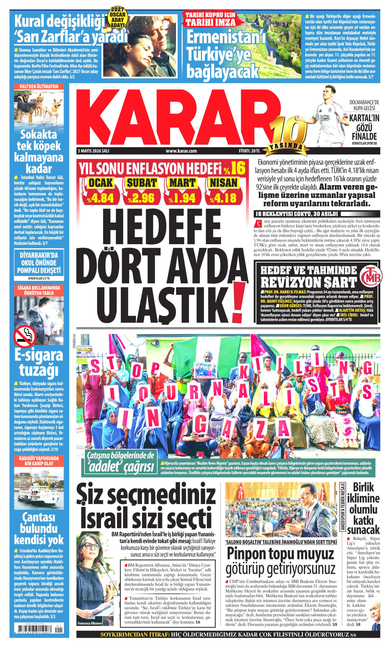 KARAR gazetesinin 5 Mayıs 2026 tarihli birinci sayfası