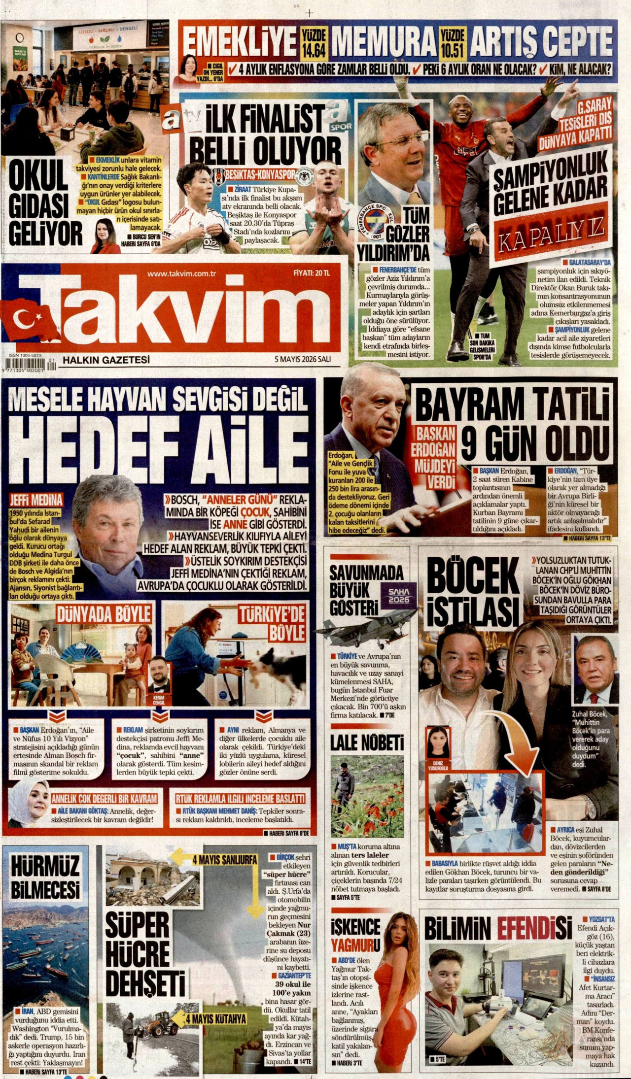 TAKVİM gazetesinin 5 Mayıs 2026 tarihli birinci sayfası