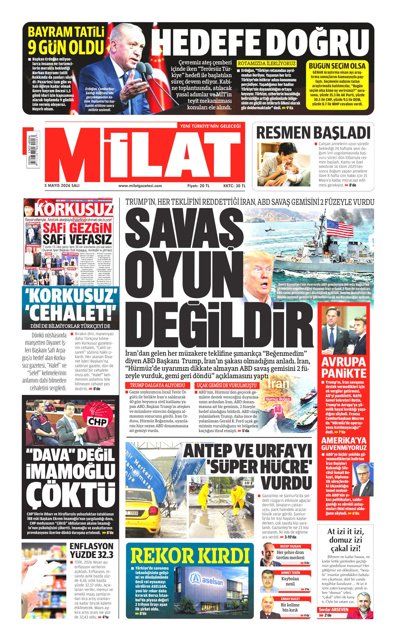 MİLAT gazetesinin 5 Mayıs 2026 tarihli birinci sayfası