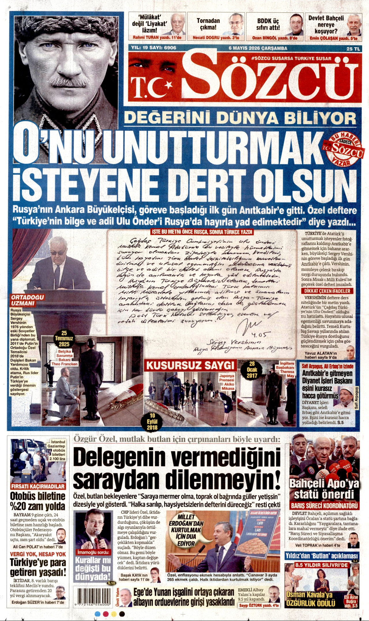 SÖZCÜ gazetesinin 6 Mayıs 2026 tarihli birinci sayfası