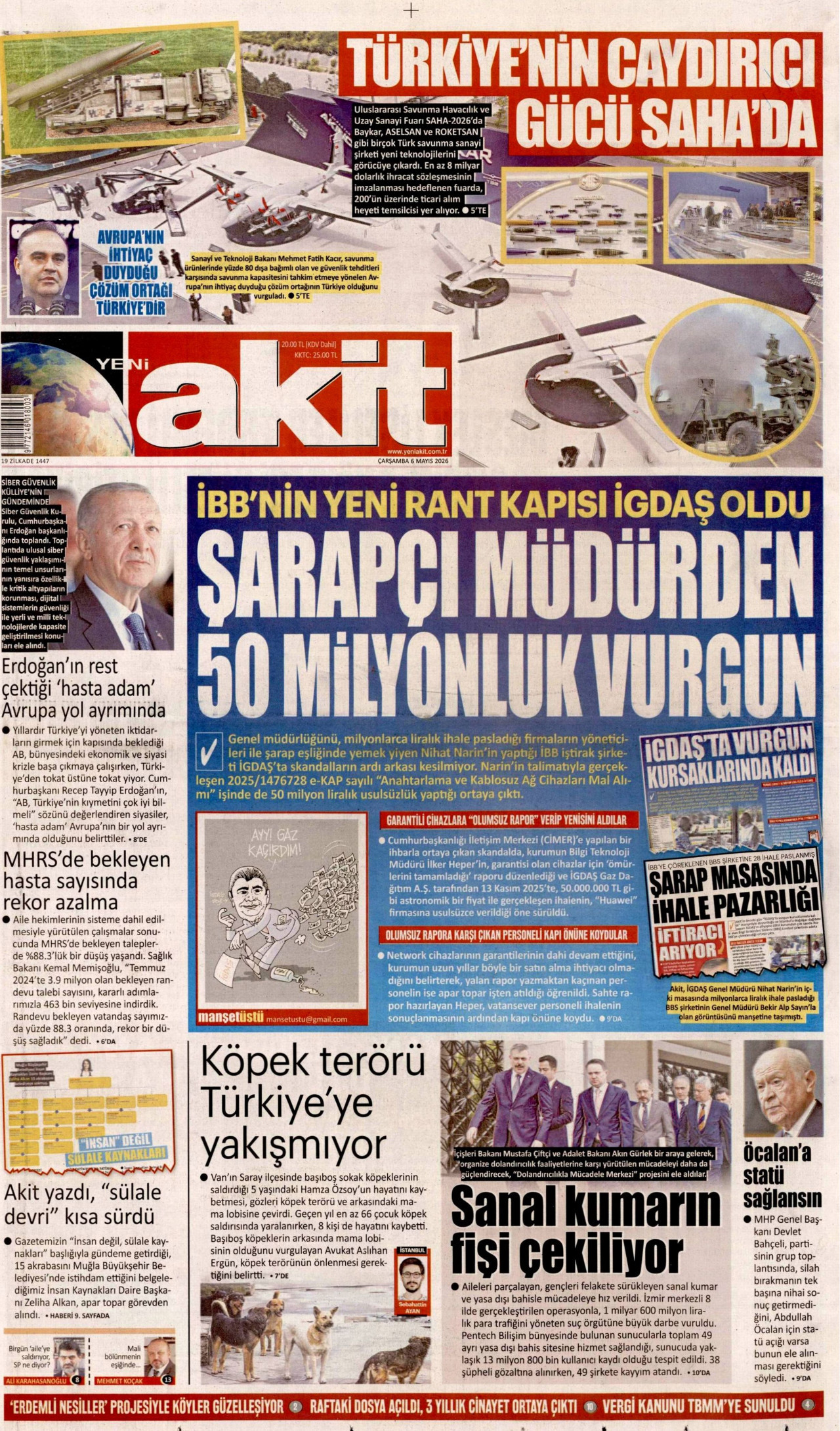 YENİ AKİT gazetesinin 6 Mayıs 2026 tarihli birinci sayfası