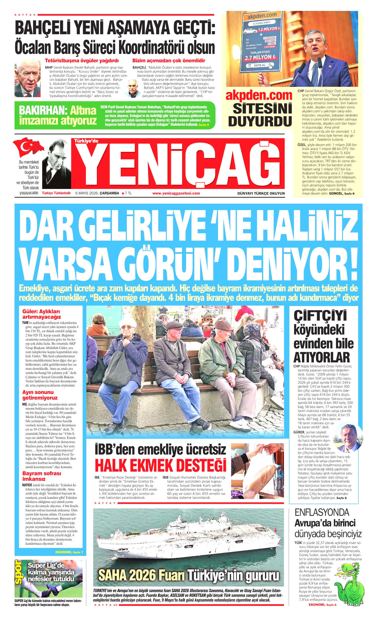 YENİÇAĞ gazetesinin 6 Mayıs 2026 tarihli birinci sayfası