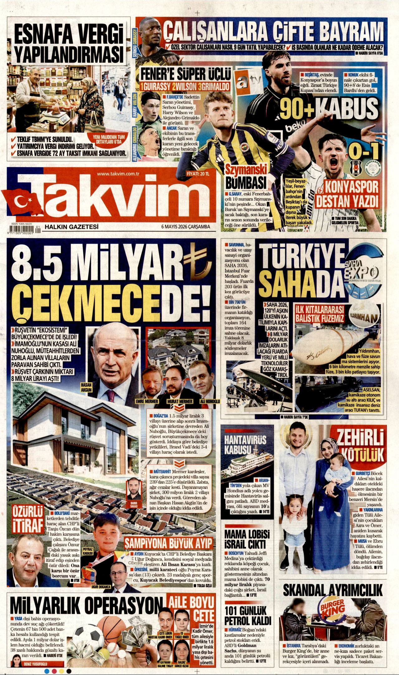TAKVİM gazetesinin 6 Mayıs 2026 tarihli birinci sayfası