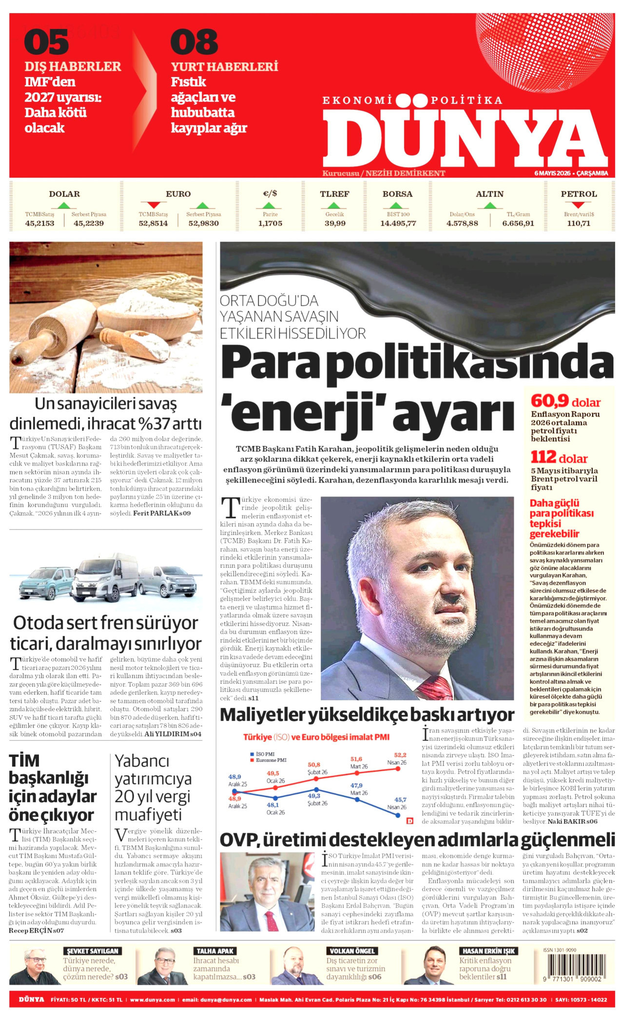 DÜNYA gazetesinin 6 Mayıs 2026 tarihli birinci sayfası