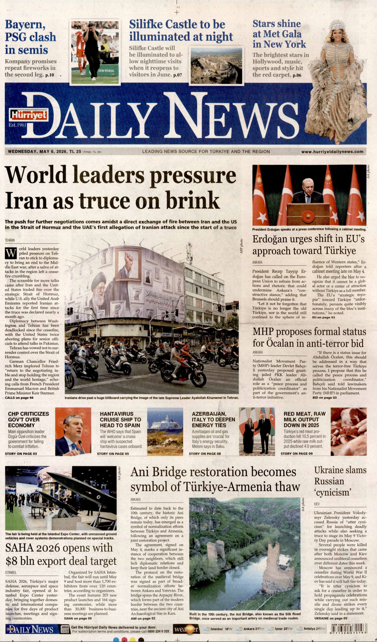 HÜRRİYET DAİLY NEWS gazetesinin 6 Mayıs 2026 tarihli birinci sayfası