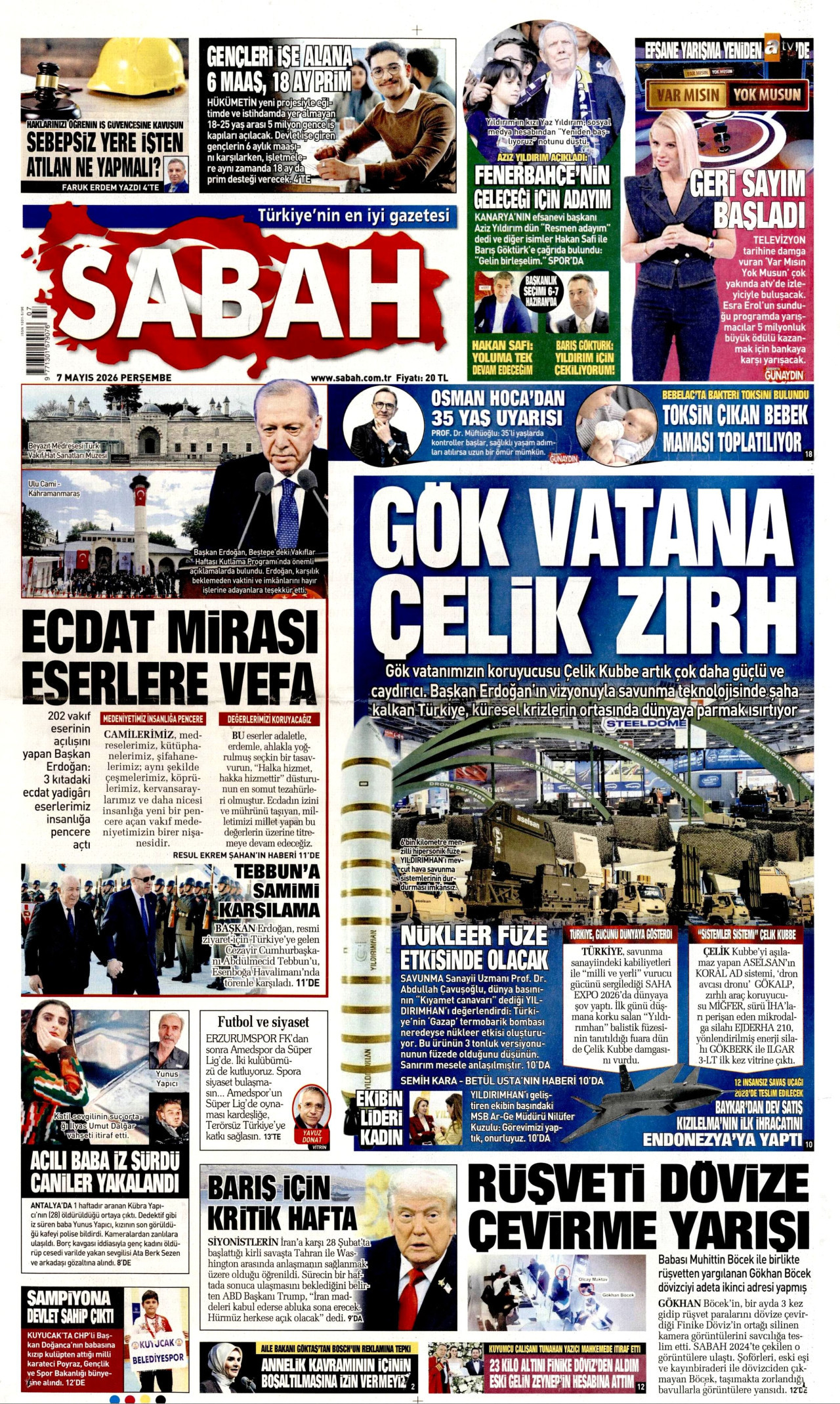 SABAH gazetesinin 7 Mayıs 2026 tarihli birinci sayfası