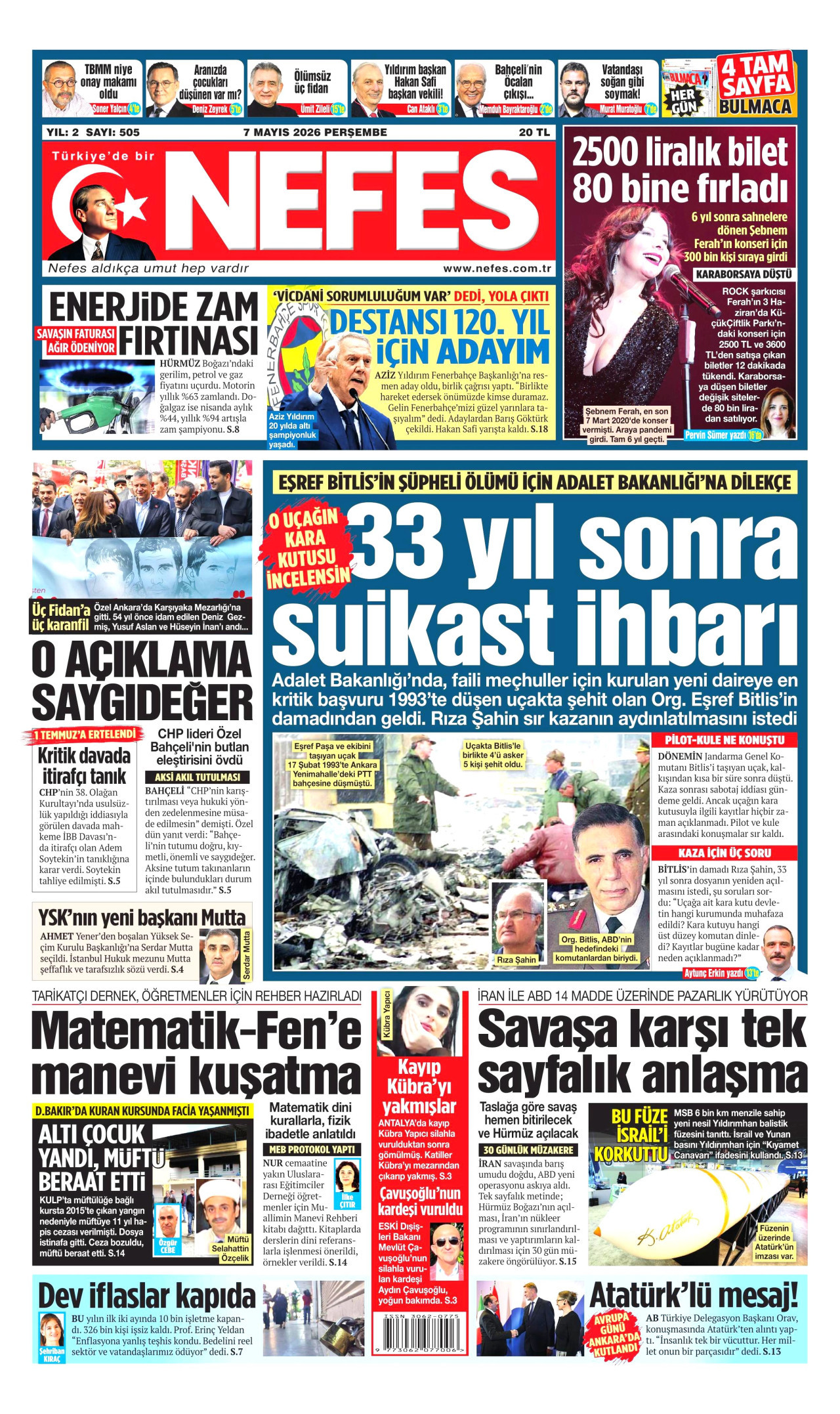 NEFES gazetesinin 7 Mayıs 2026 tarihli birinci sayfası