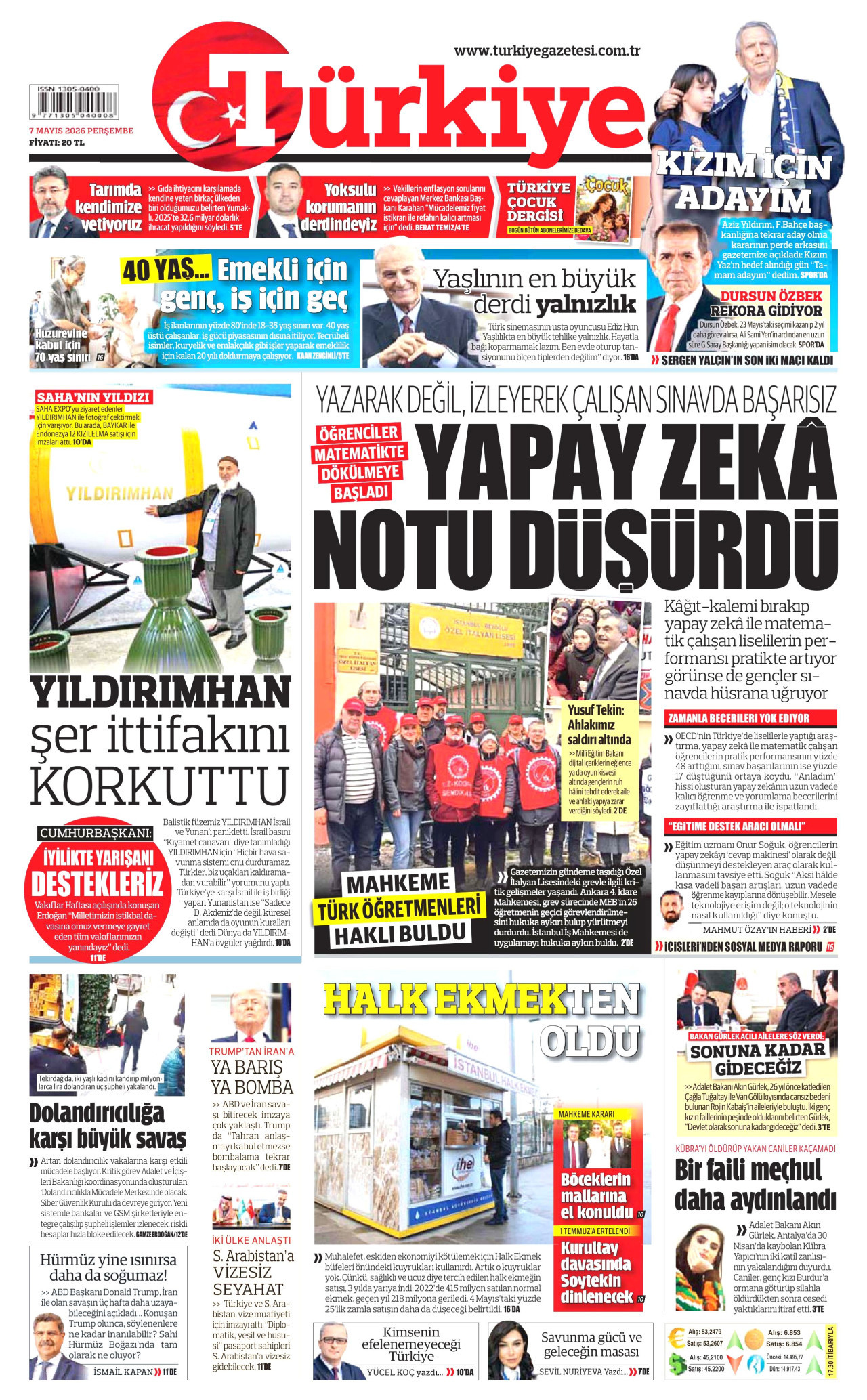 TÜRKİYE GAZETESİ gazetesinin 7 Mayıs 2026 tarihli birinci sayfası