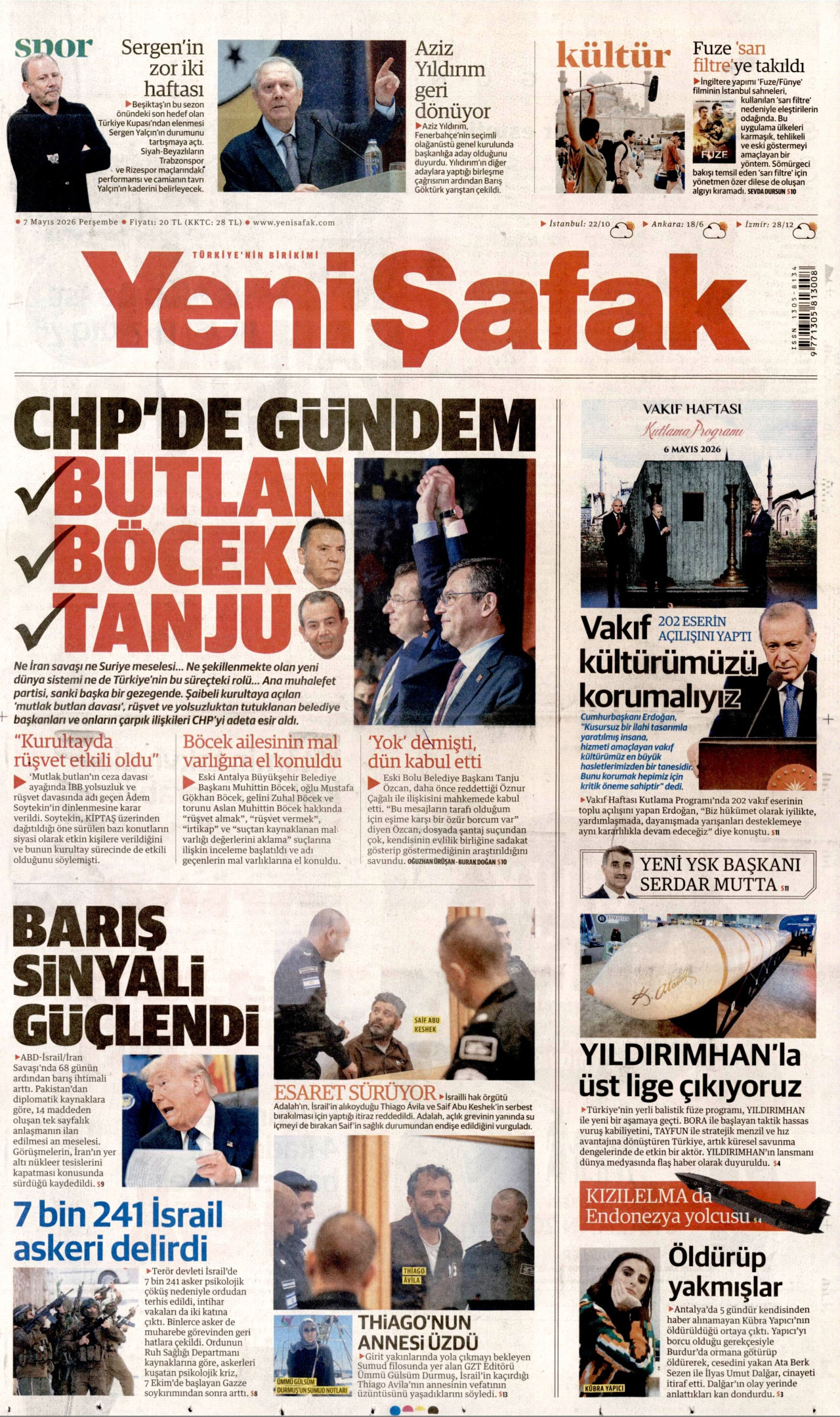 YENİ ŞAFAK gazetesinin 7 Mayıs 2026 tarihli birinci sayfası