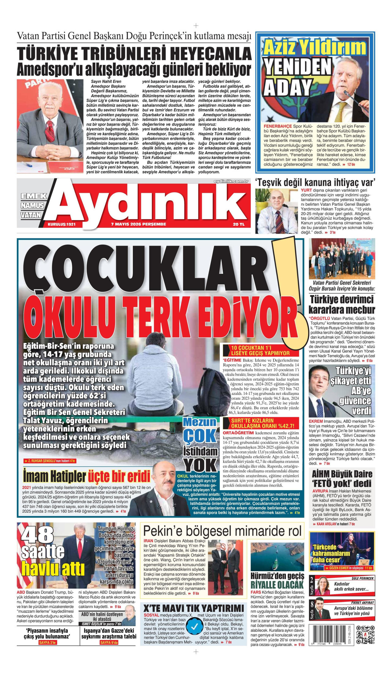 AYDINLIK GAZETESİ gazetesinin 7 Mayıs 2026 tarihli birinci sayfası