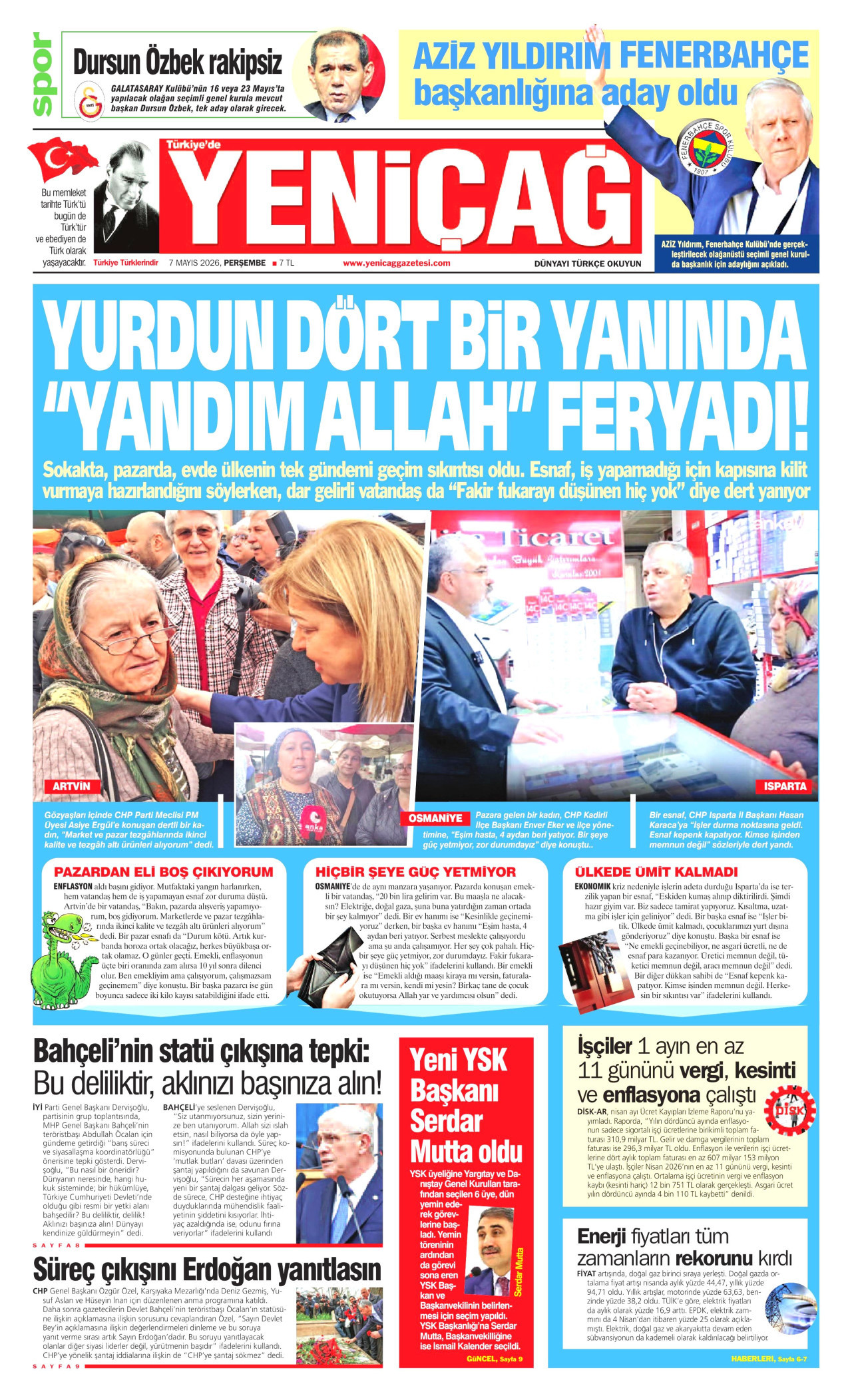 YENİÇAĞ gazetesinin 7 Mayıs 2026 tarihli birinci sayfası