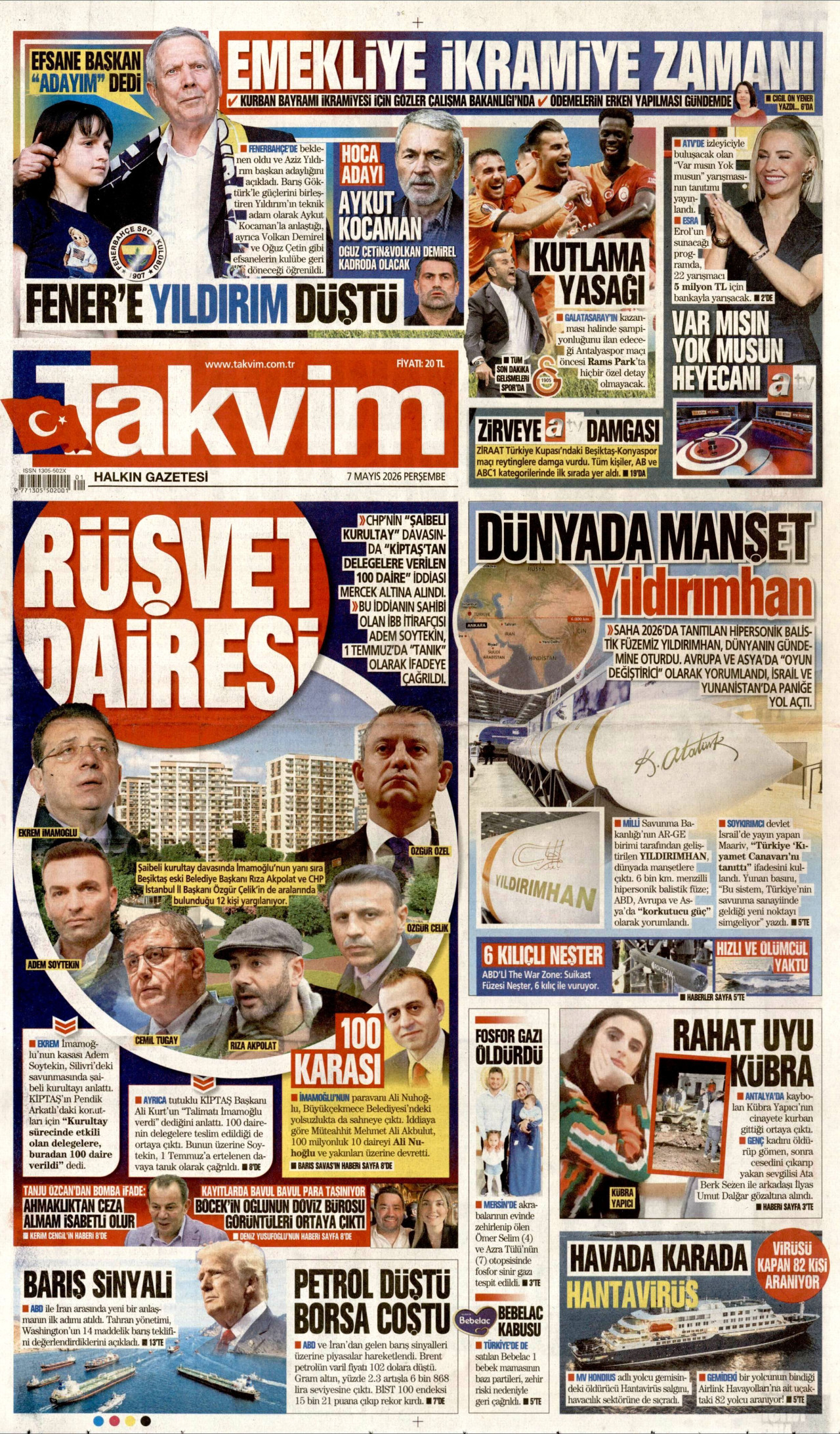 TAKVİM gazetesinin 7 Mayıs 2026 tarihli birinci sayfası