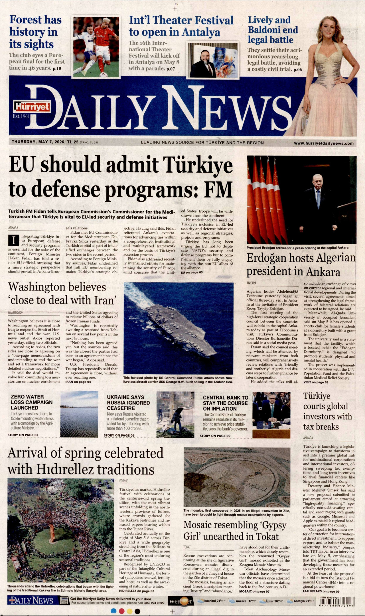 HÜRRİYET DAİLY NEWS gazetesinin 7 Mayıs 2026 tarihli birinci sayfası