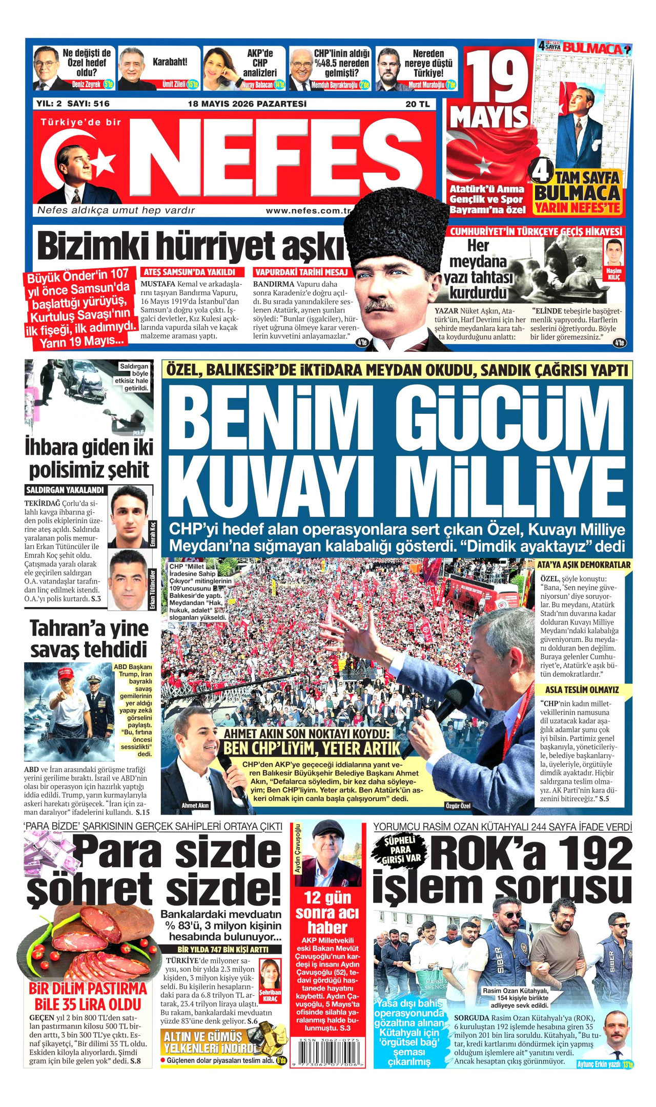 NEFES gazetesinin 18 Mayıs 2026 tarihli birinci sayfası