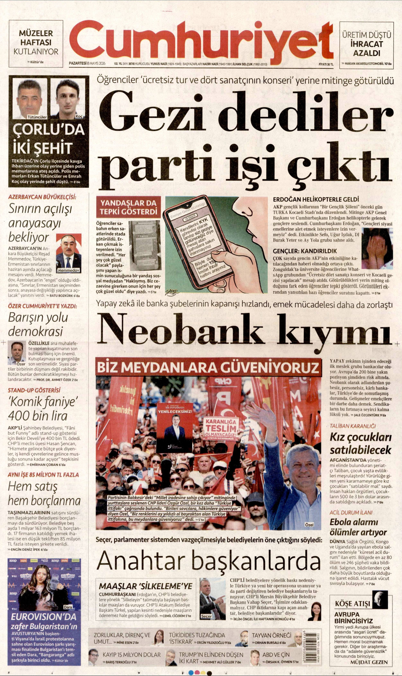CUMHURİYET gazetesinin 18 Mayıs 2026 tarihli birinci sayfası