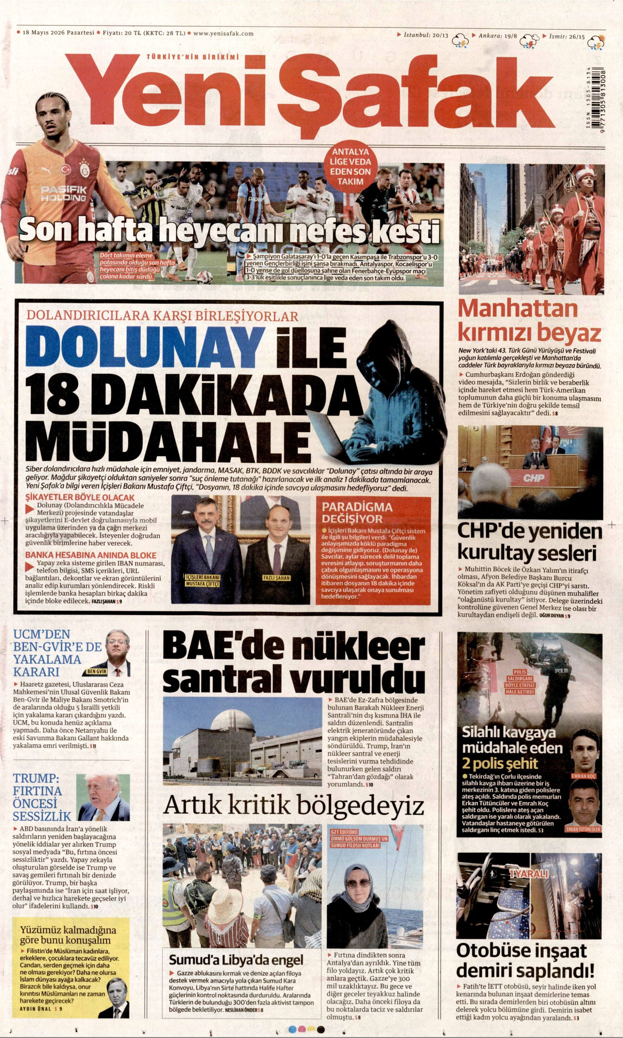 YENİ ŞAFAK gazetesinin 18 Mayıs 2026 tarihli birinci sayfası