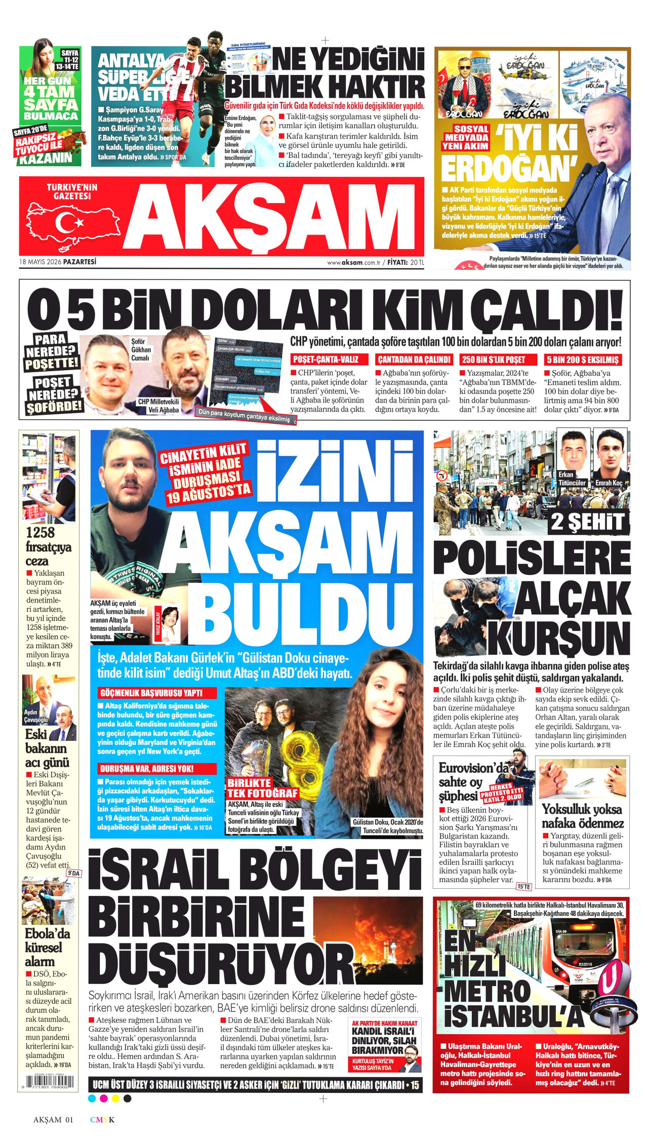 AKŞAM gazetesinin 18 Mayıs 2026 tarihli birinci sayfası