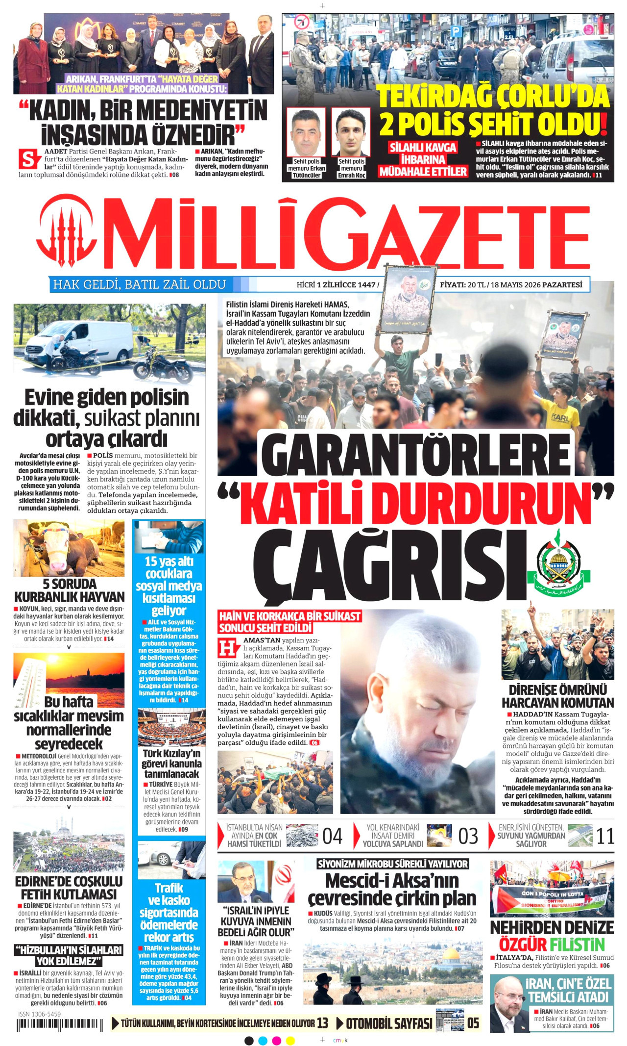 MİLLİ GAZETE gazetesinin 18 Mayıs 2026 tarihli birinci sayfası