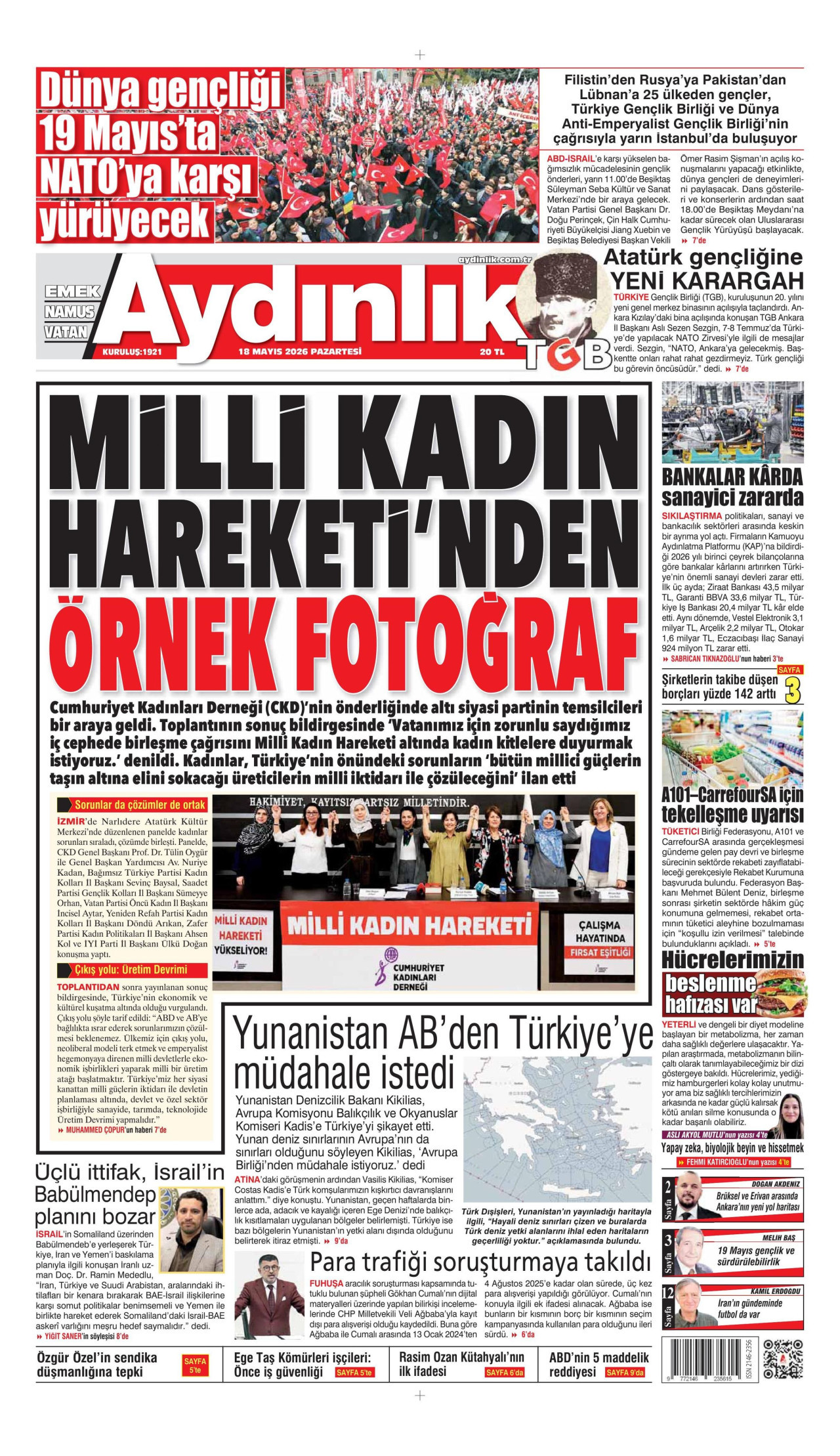 AYDINLIK GAZETESİ gazetesinin 18 Mayıs 2026 tarihli birinci sayfası