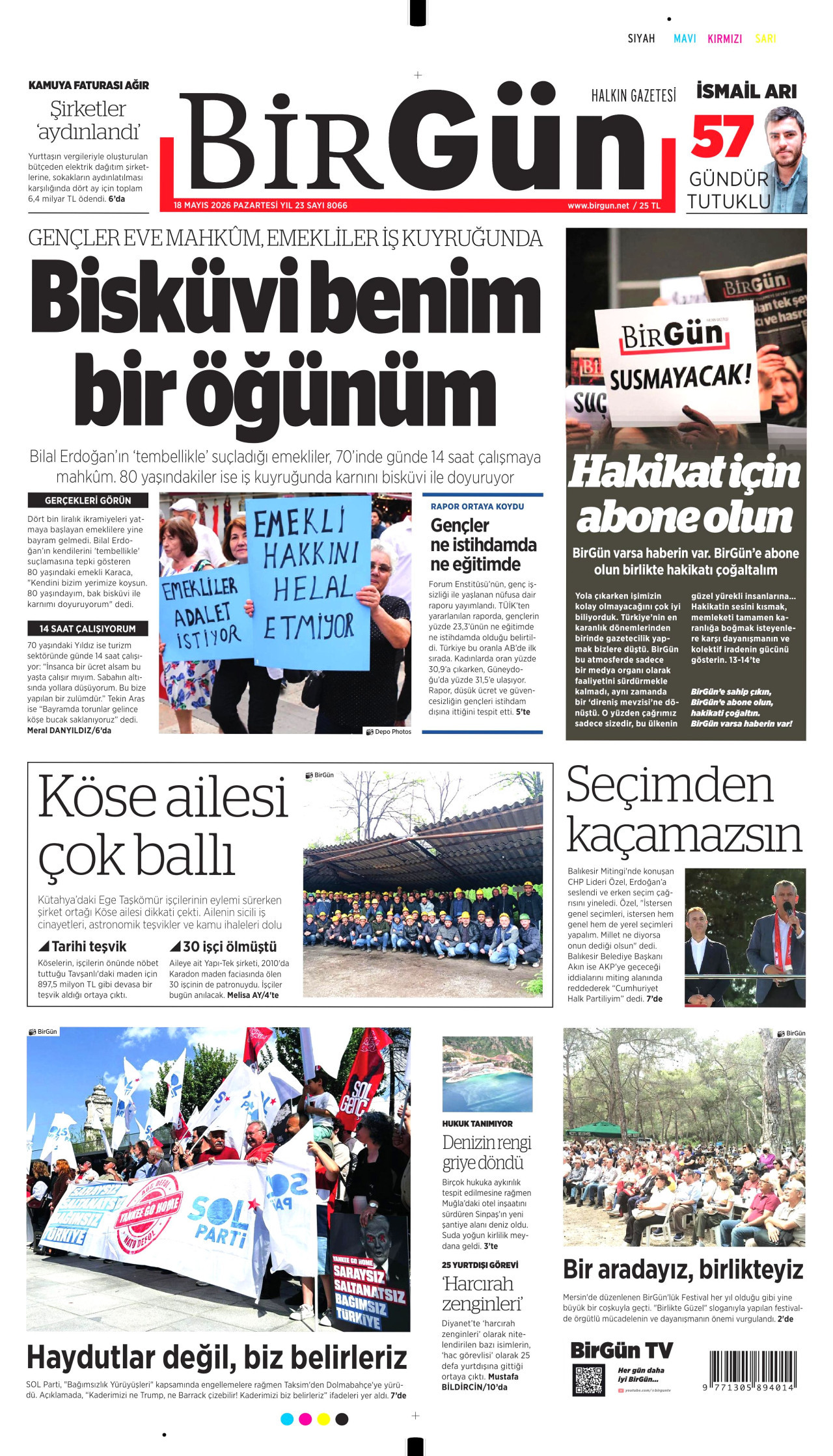 BİRGÜN gazetesinin 18 Mayıs 2026 tarihli birinci sayfası