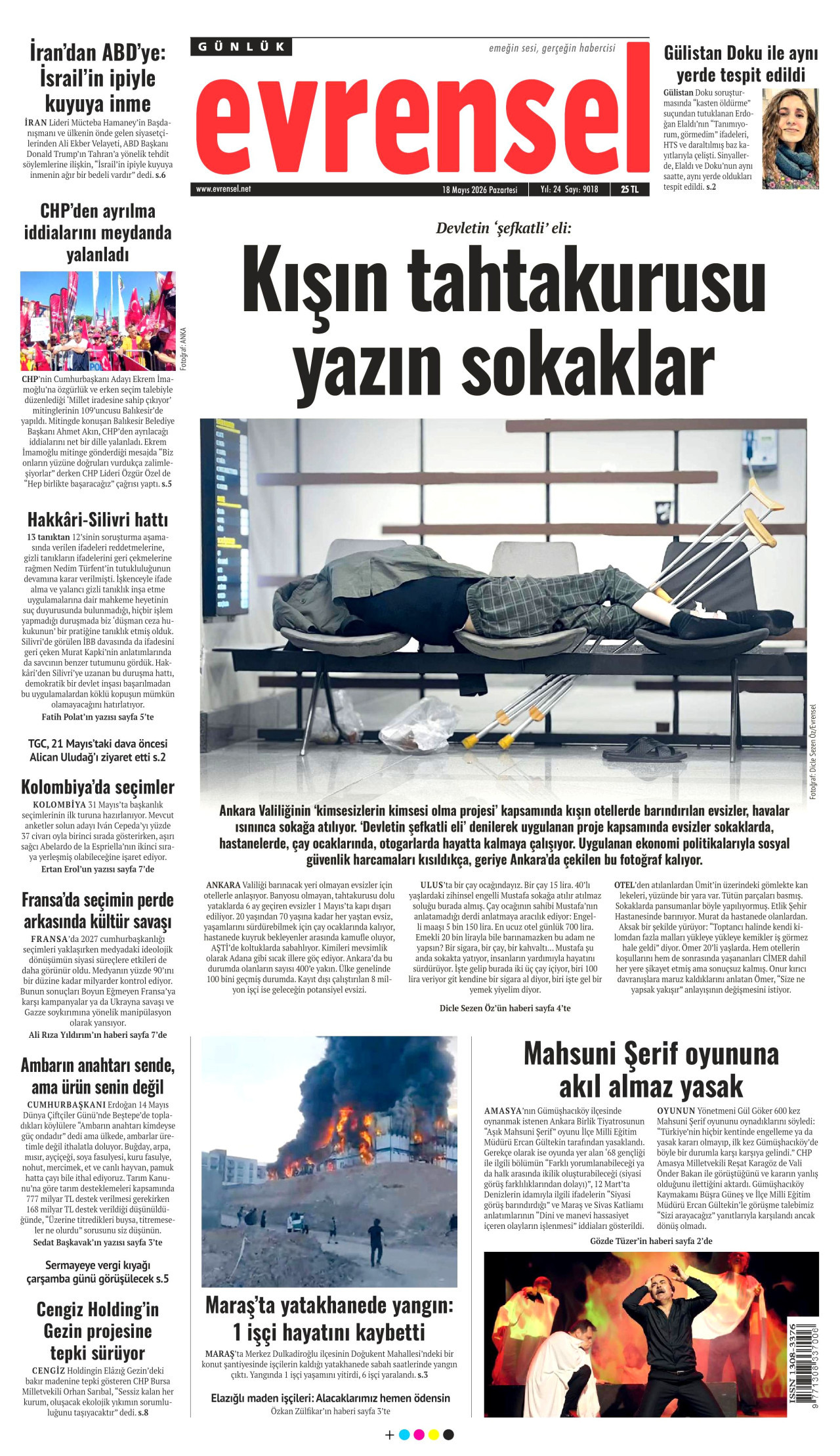EVRENSEL gazetesinin 18 Mayıs 2026 tarihli birinci sayfası