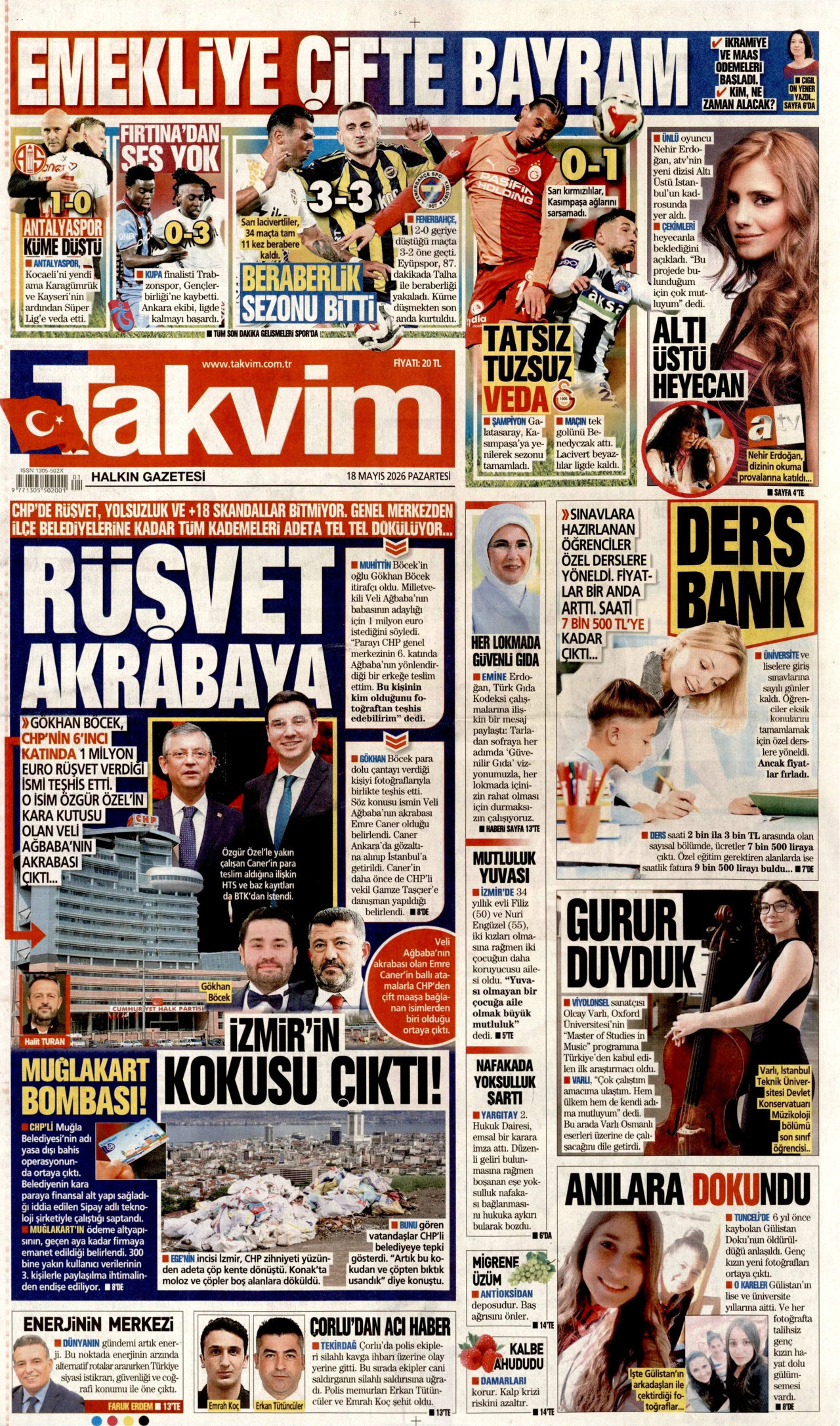TAKVİM gazetesinin 18 Mayıs 2026 tarihli birinci sayfası