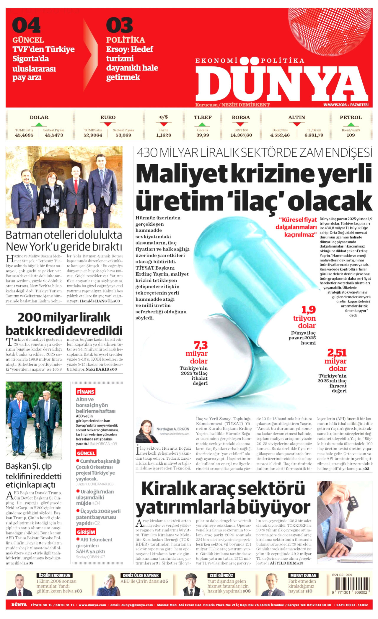 DÜNYA gazetesinin 18 Mayıs 2026 tarihli birinci sayfası