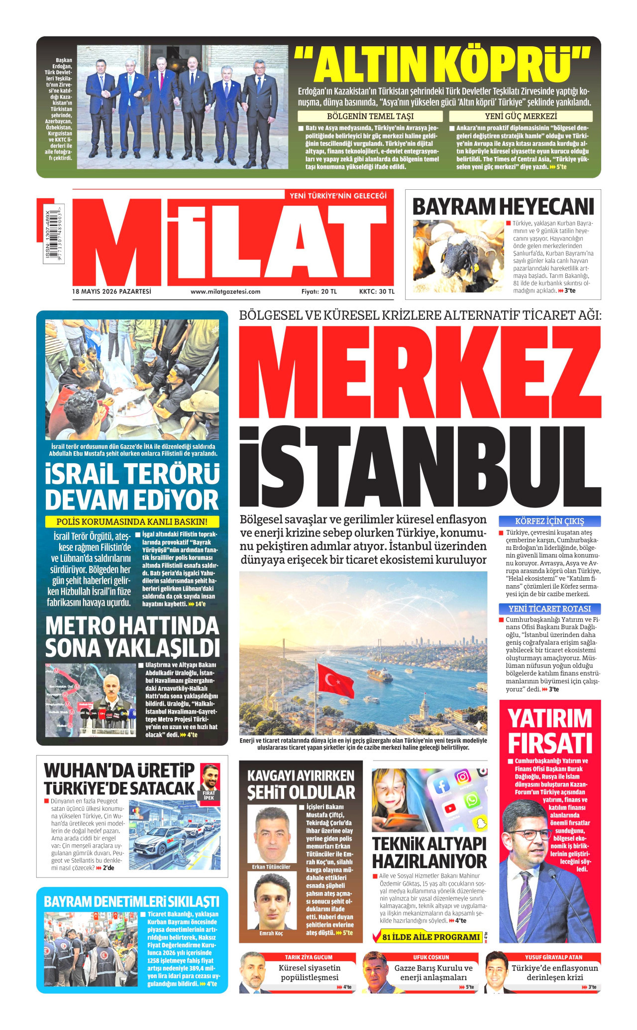 MİLAT gazetesinin 18 Mayıs 2026 tarihli birinci sayfası