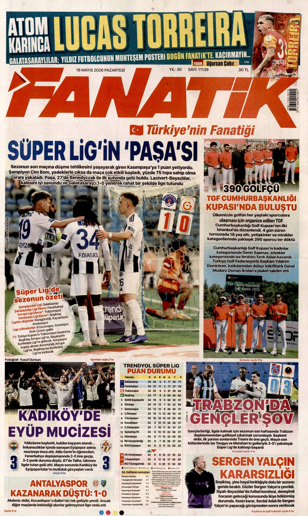 FANATİK gazetesinin 18 Mayıs 2026 tarihli birinci sayfası