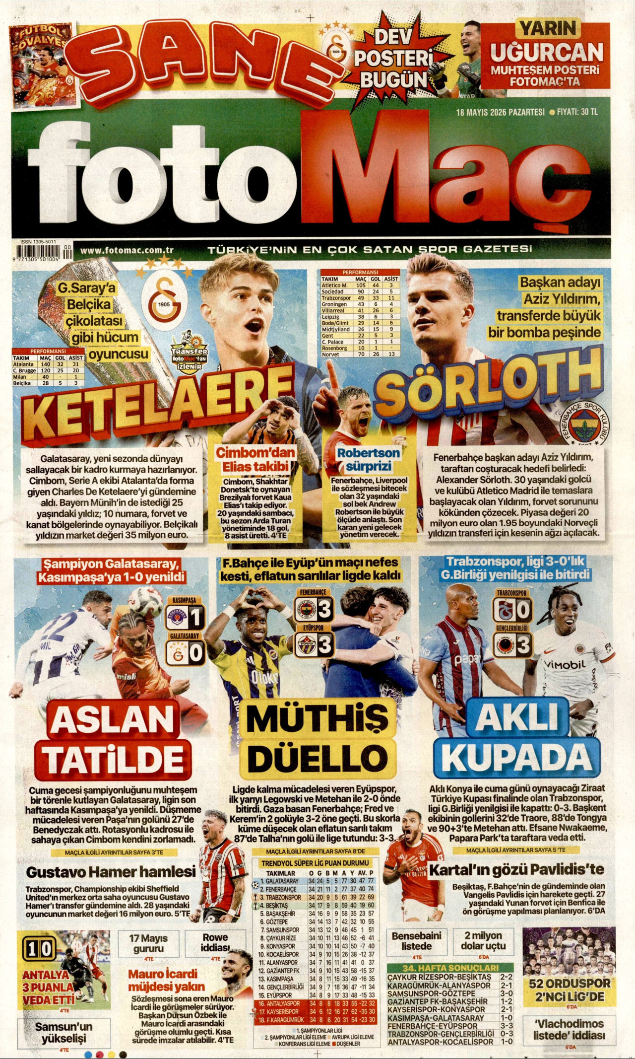 FOTOMAÇ gazetesinin 18 Mayıs 2026 tarihli birinci sayfası