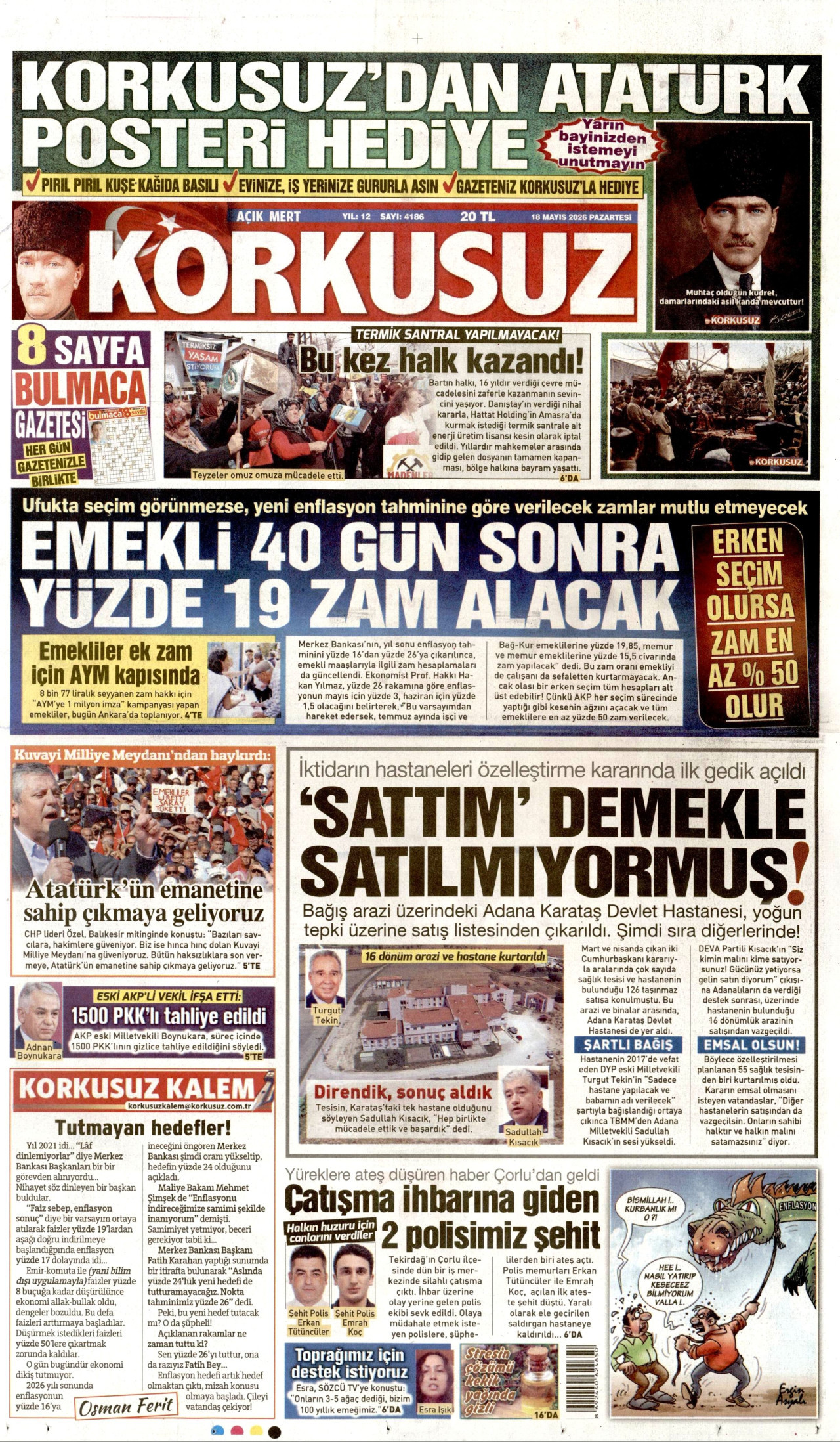 KORKUSUZ gazetesinin 18 Mayıs 2026 tarihli birinci sayfası