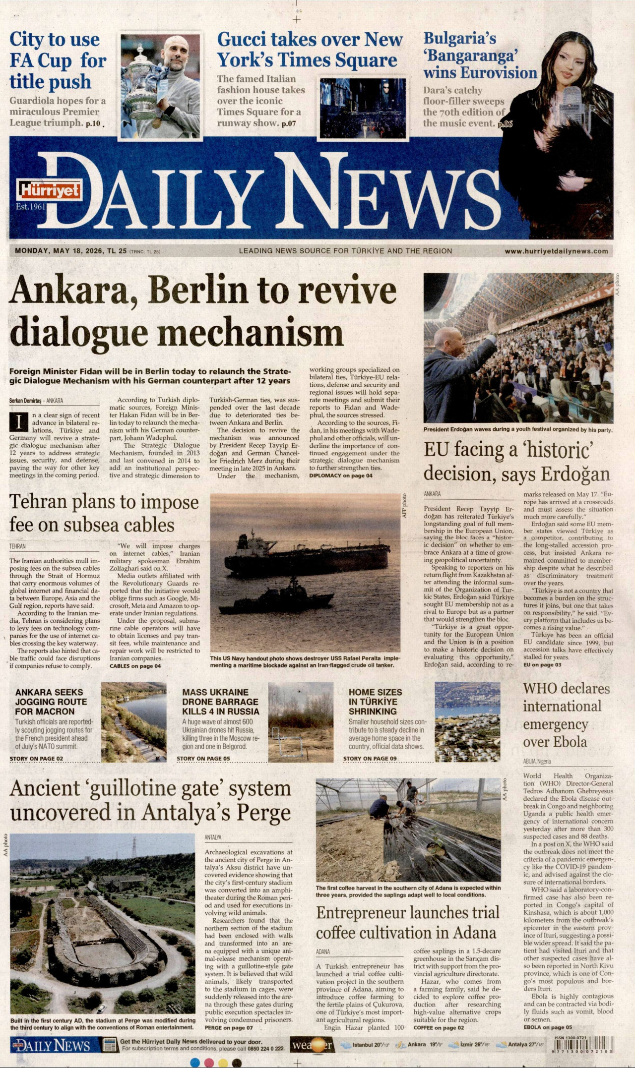 HÜRRİYET DAİLY NEWS gazetesinin 18 Mayıs 2026 tarihli birinci sayfası