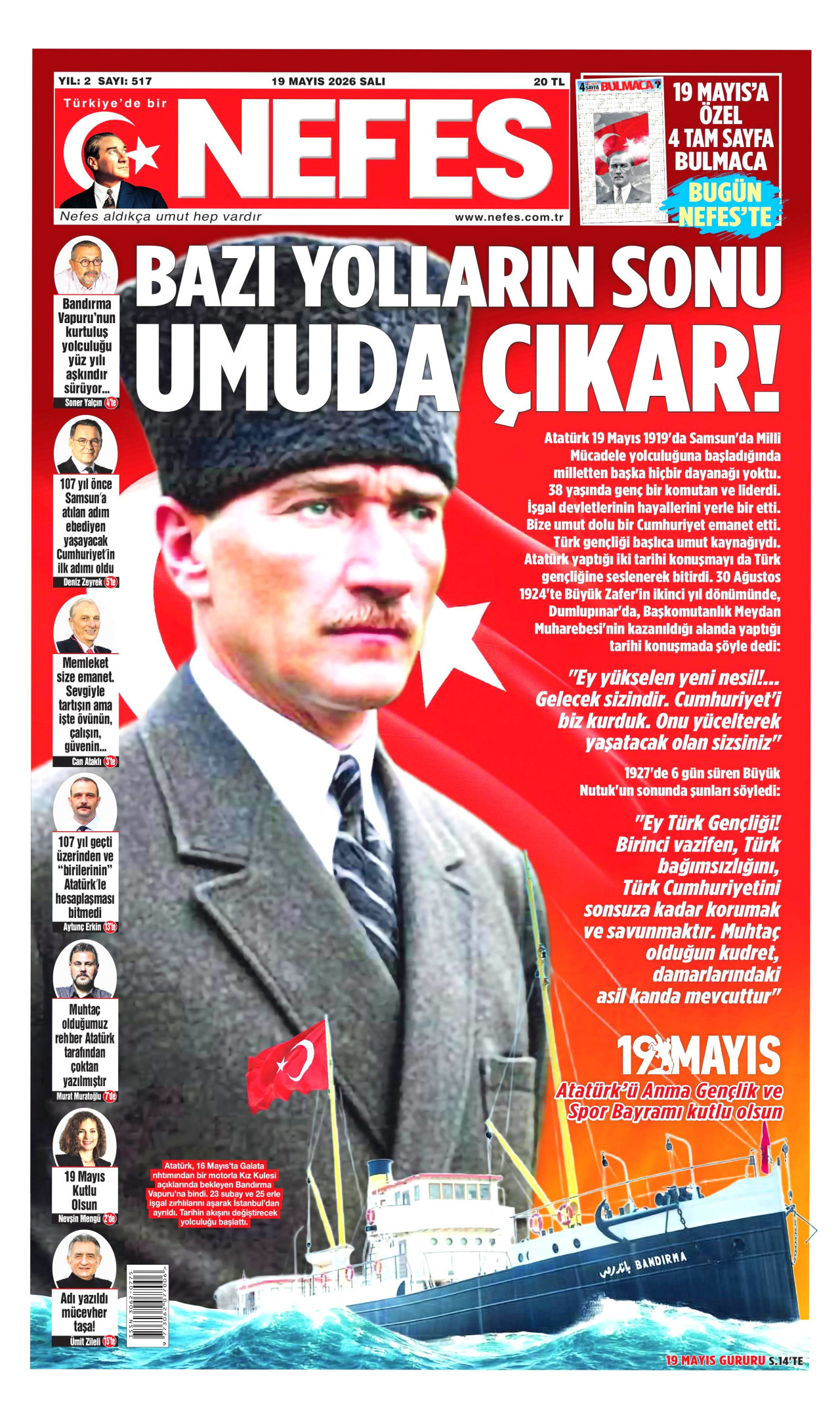 NEFES gazetesinin 19 Mayıs 2026 tarihli birinci sayfası