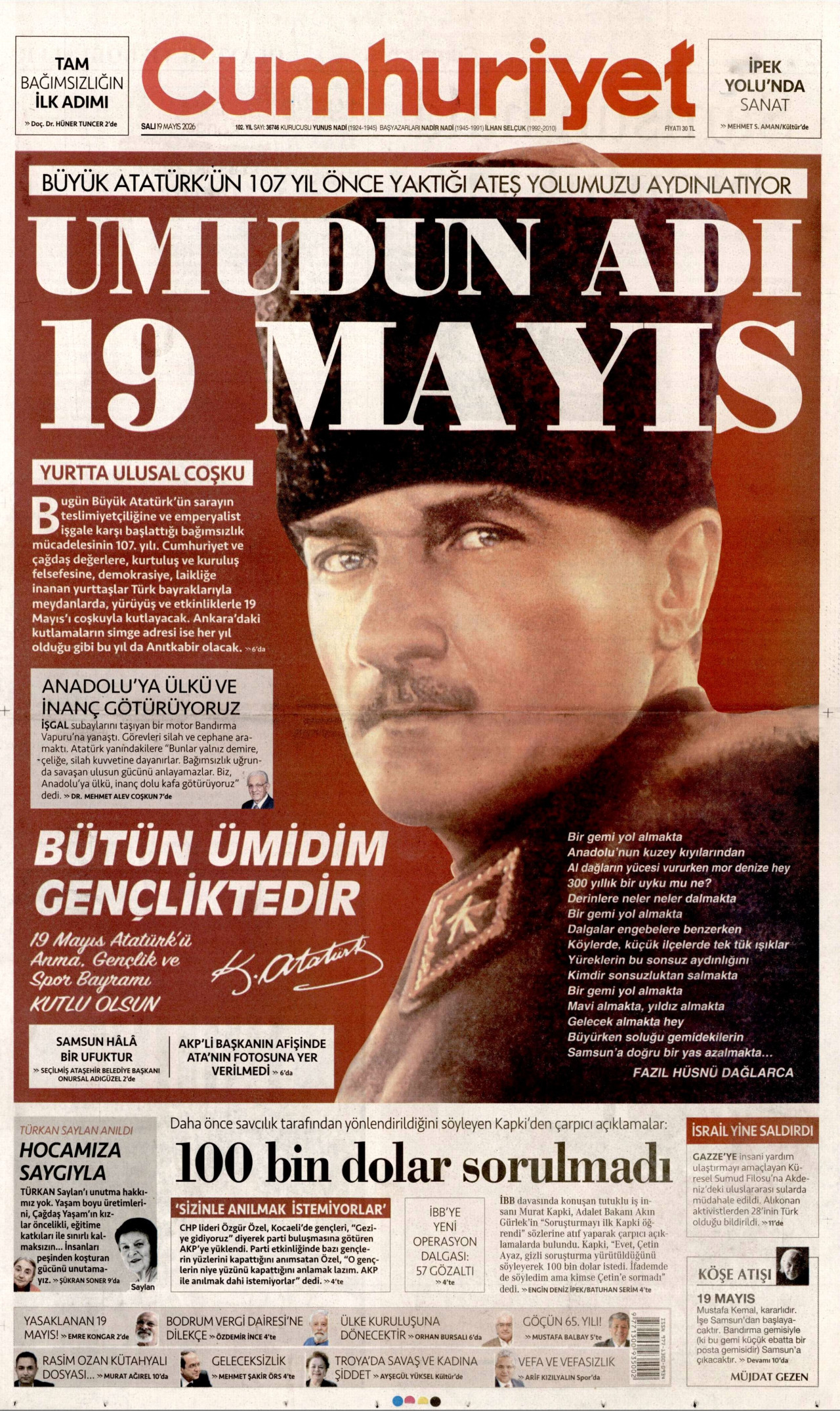 CUMHURİYET gazetesinin 19 Mayıs 2026 tarihli birinci sayfası