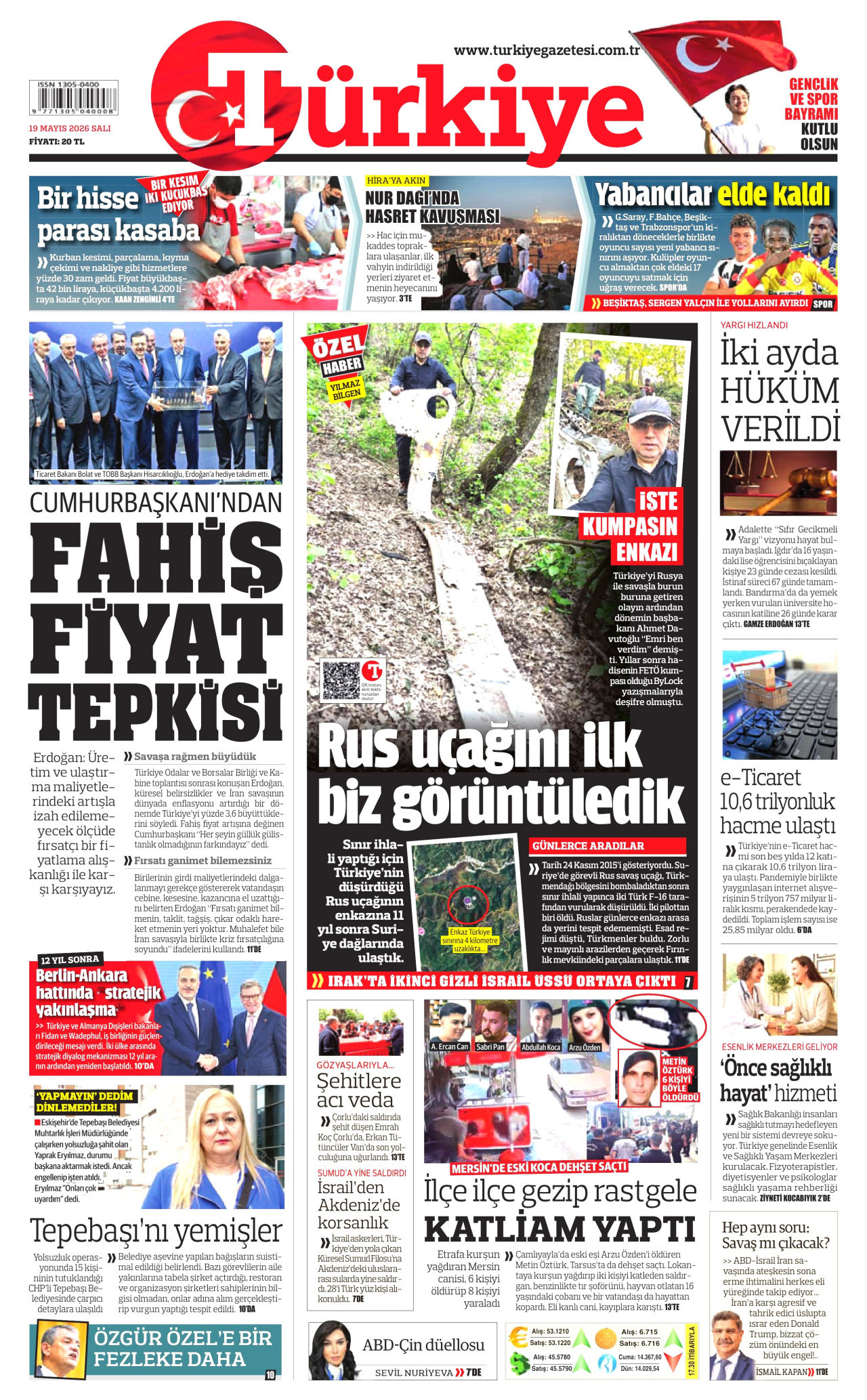 TÜRKİYE GAZETESİ gazetesinin 19 Mayıs 2026 tarihli birinci sayfası