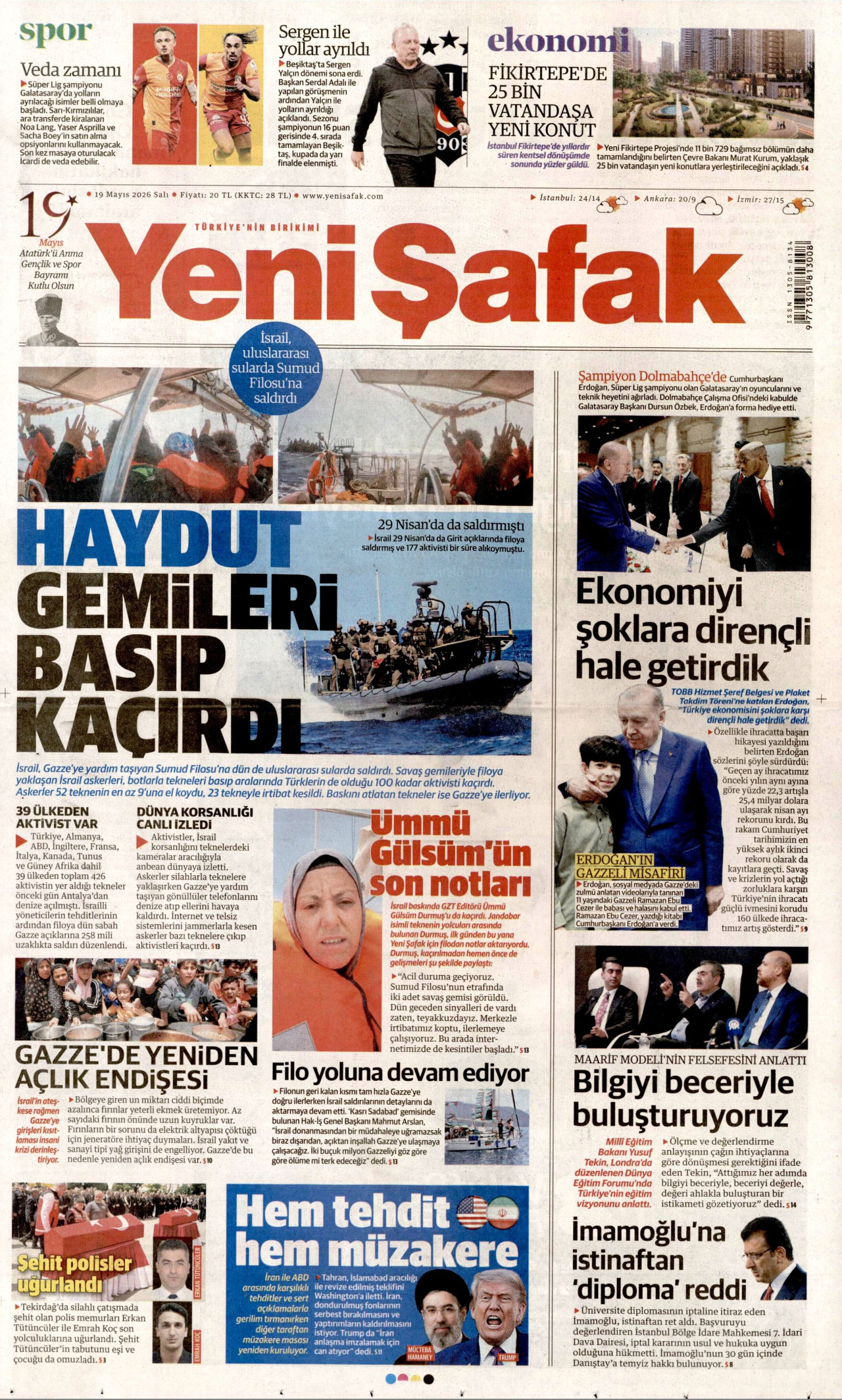 YENİ ŞAFAK gazetesinin 19 Mayıs 2026 tarihli birinci sayfası