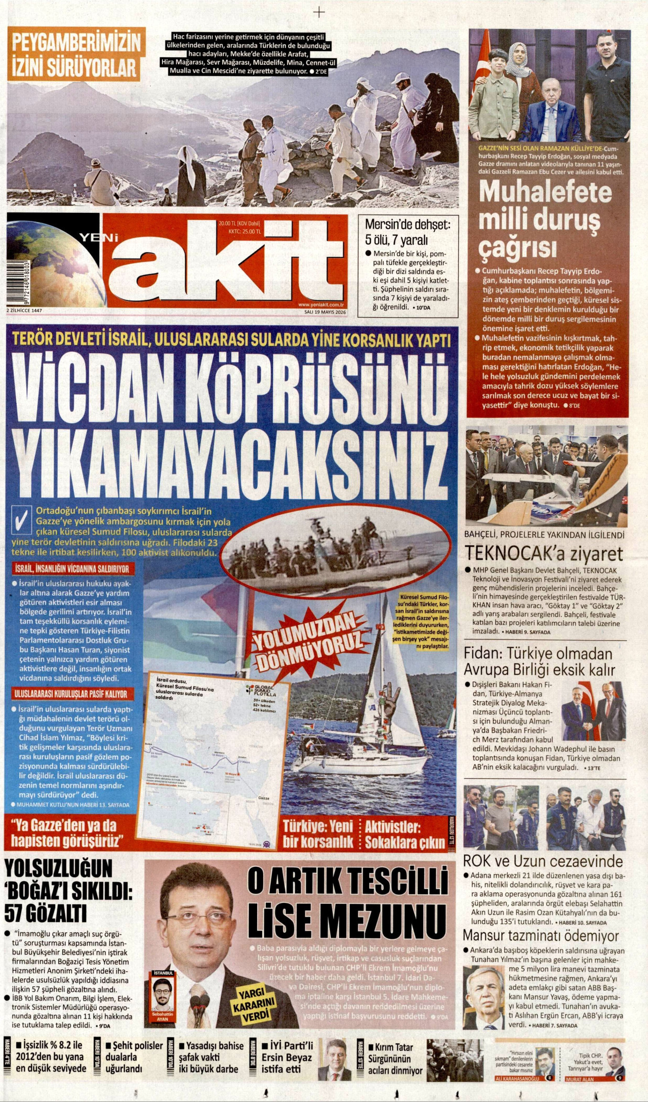 YENİ AKİT gazetesinin 19 Mayıs 2026 tarihli birinci sayfası