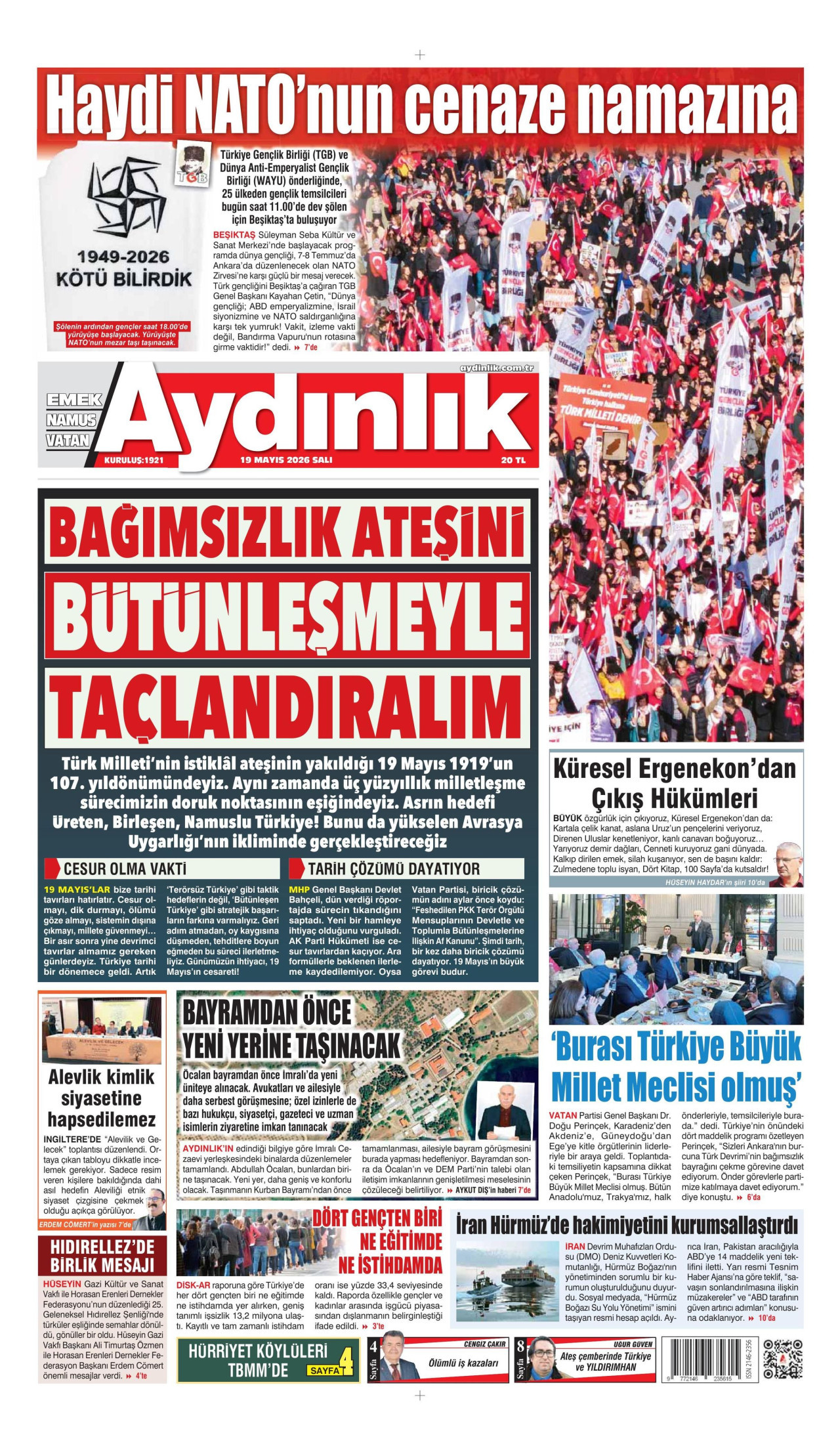 AYDINLIK GAZETESİ gazetesinin 19 Mayıs 2026 tarihli birinci sayfası