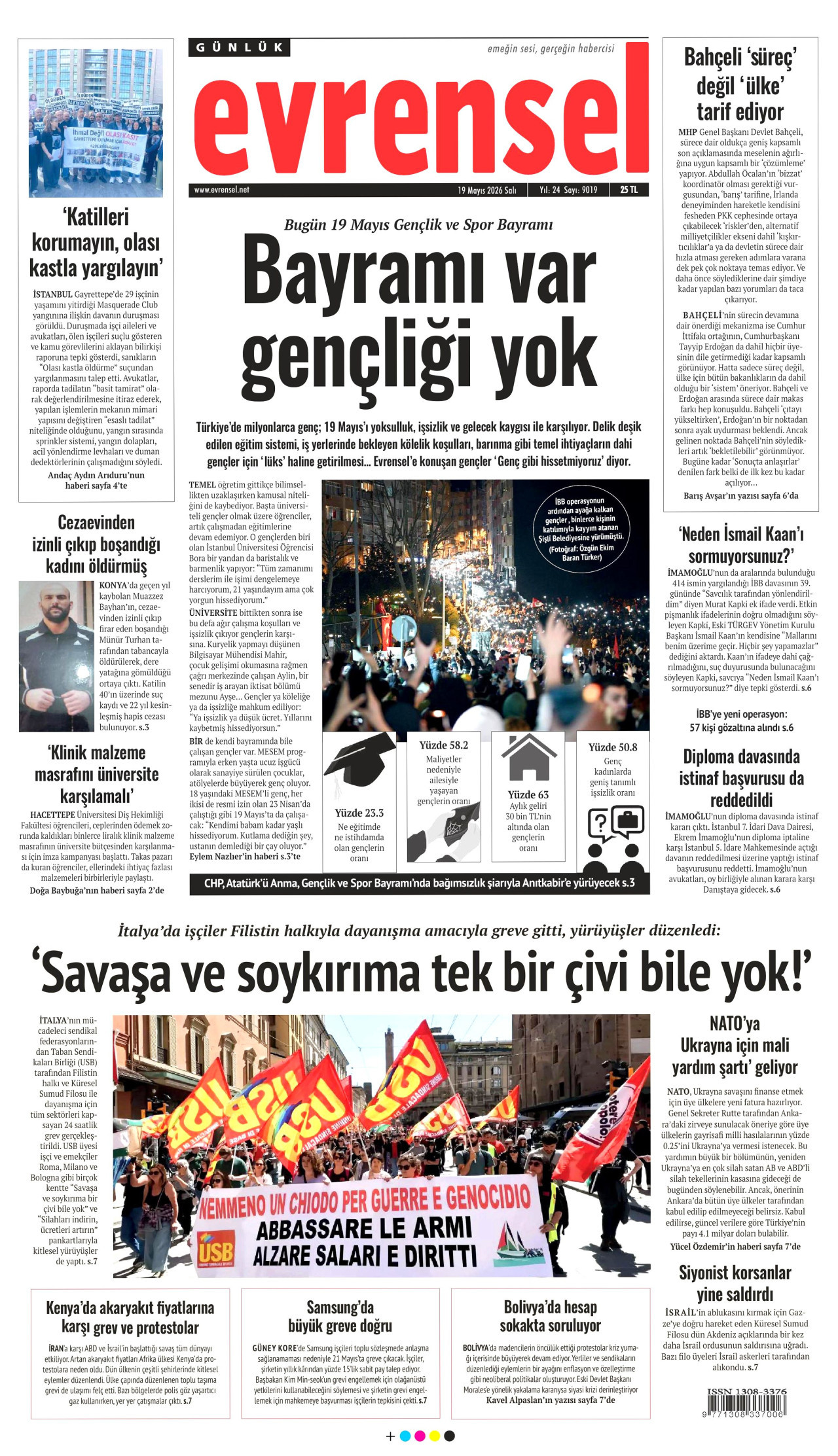 EVRENSEL gazetesinin 19 Mayıs 2026 tarihli birinci sayfası