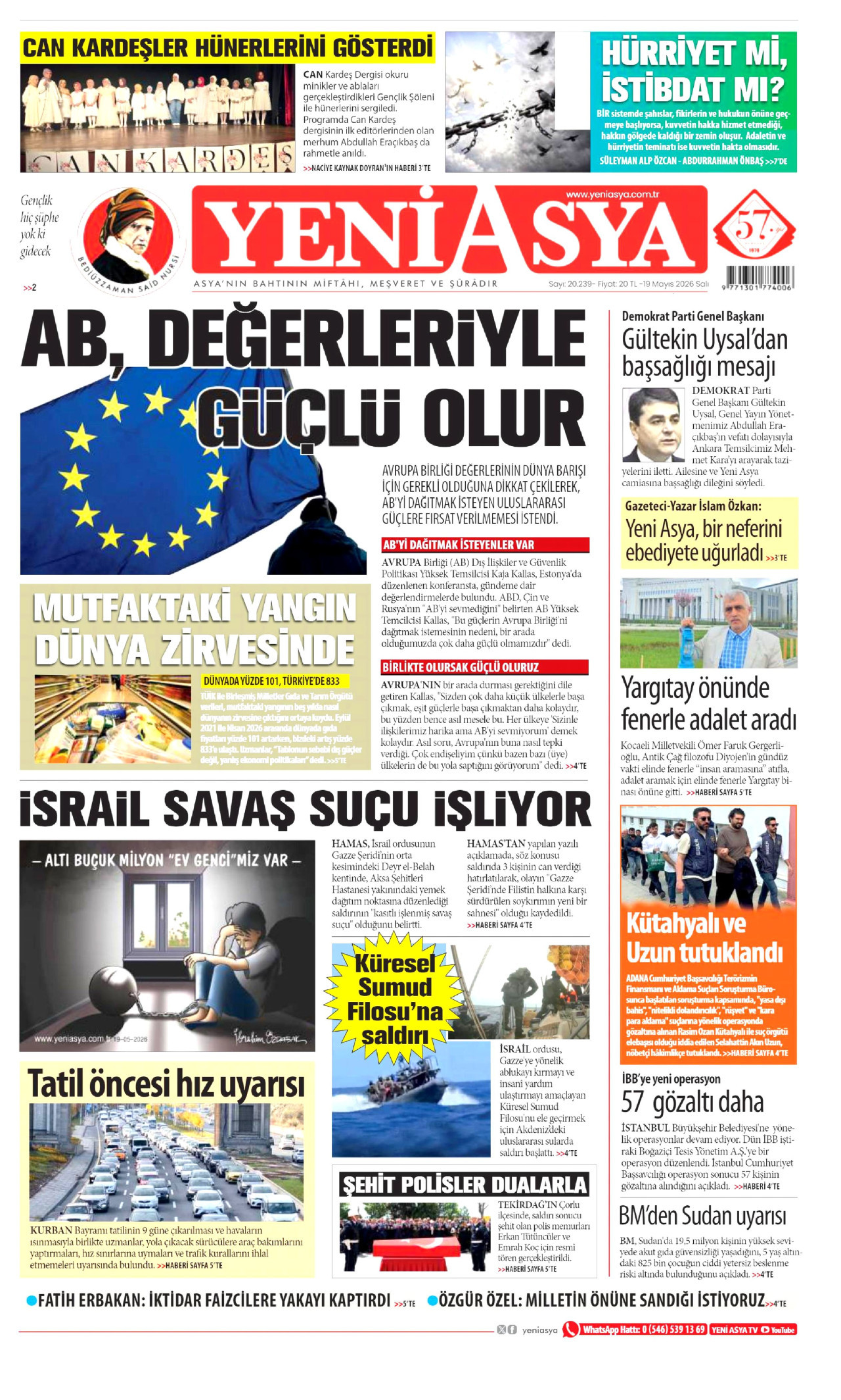 YENİ ASYA gazetesinin 19 Mayıs 2026 tarihli birinci sayfası