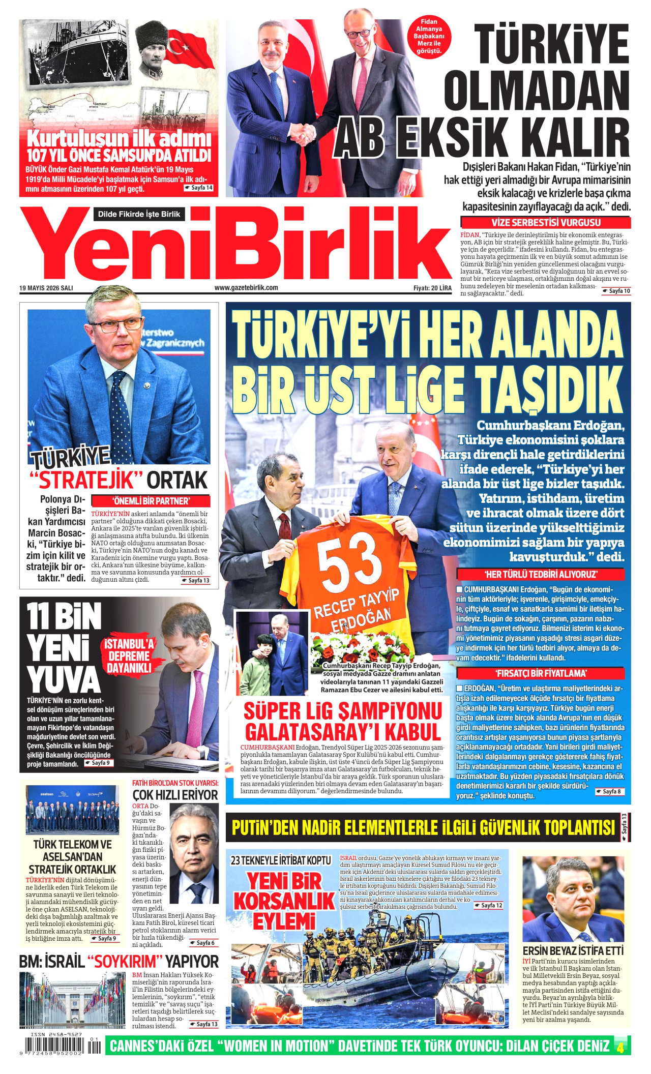 YENİBİRLİK gazetesinin 19 Mayıs 2026 tarihli birinci sayfası