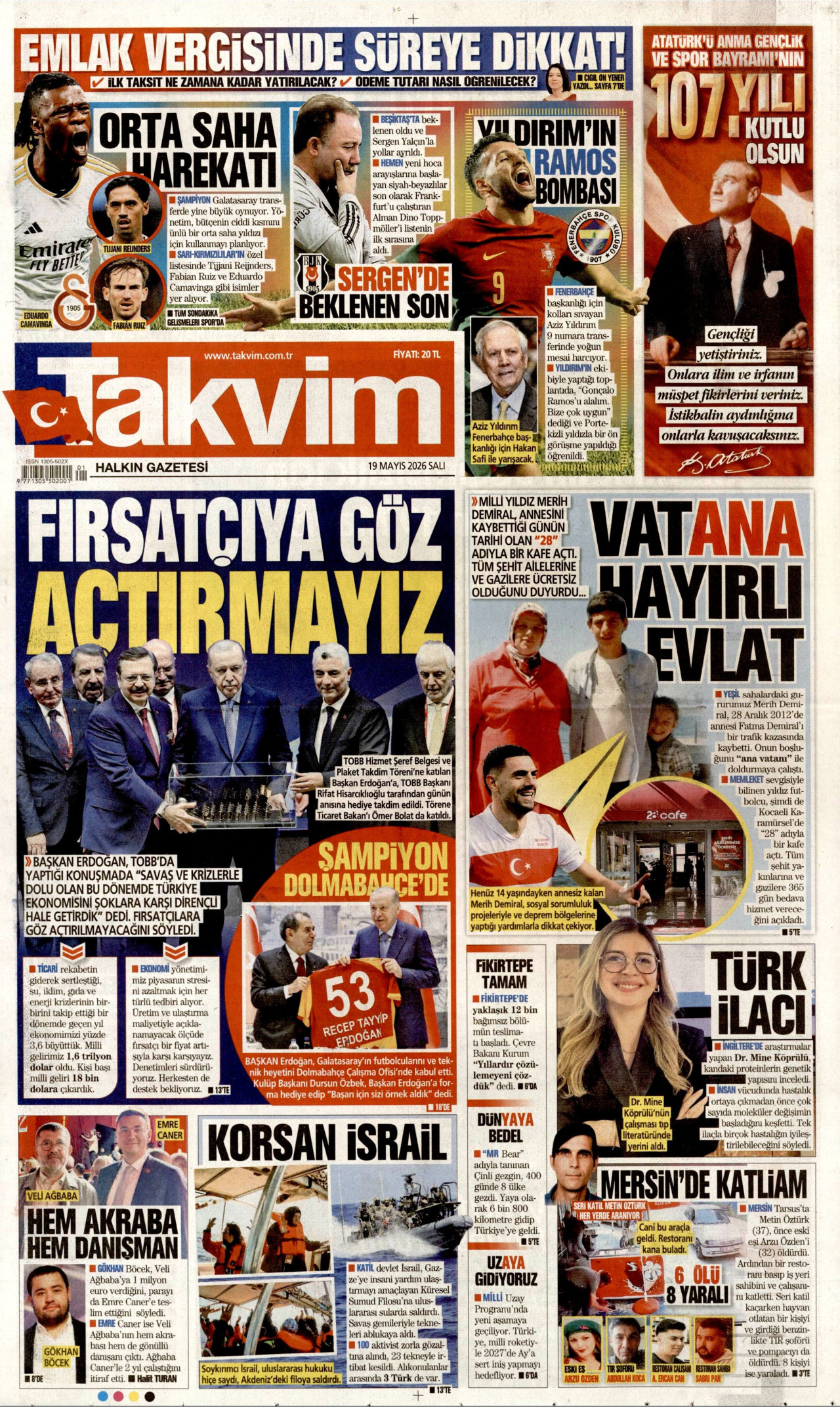 TAKVİM gazetesinin 19 Mayıs 2026 tarihli birinci sayfası