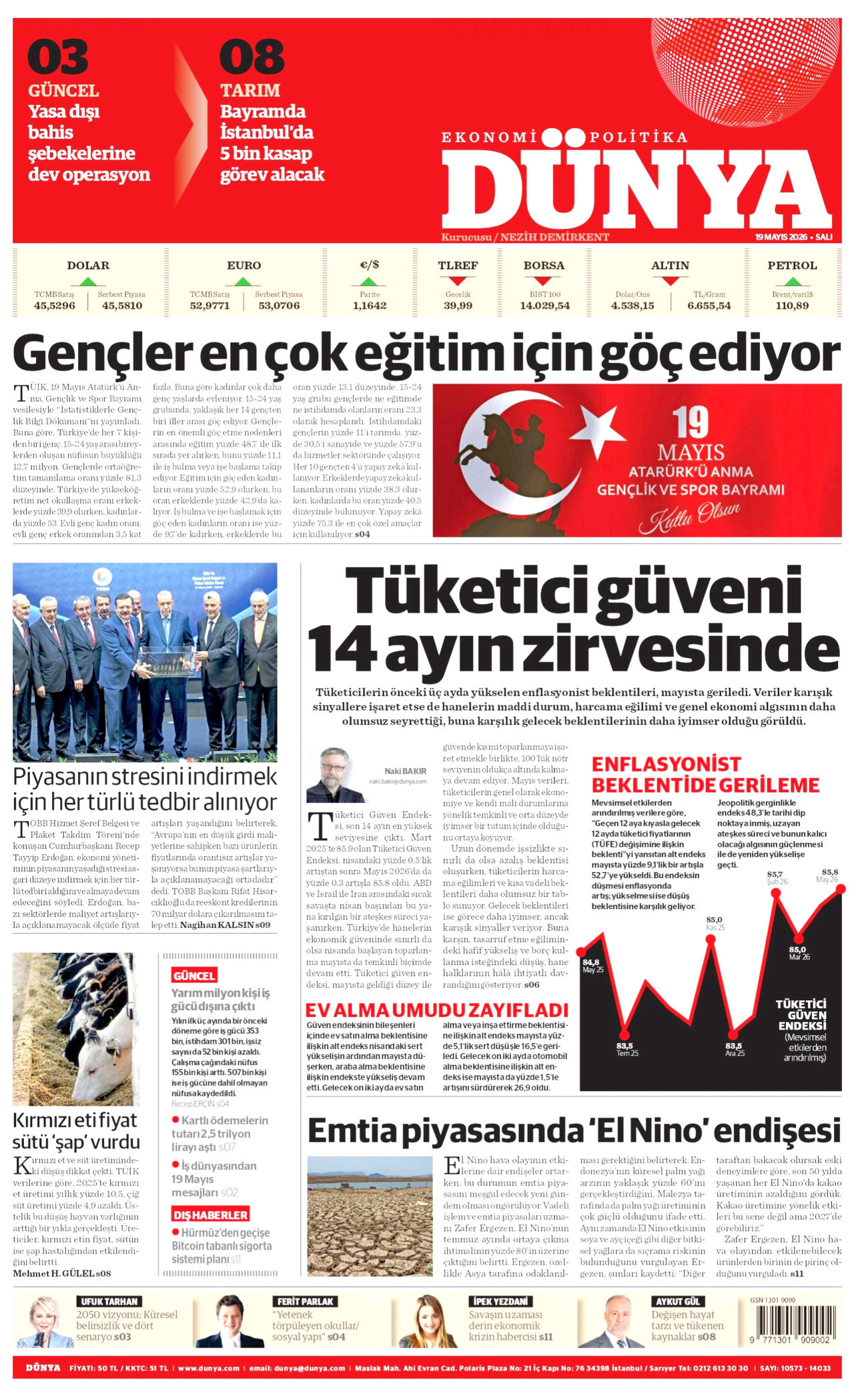 DÜNYA gazetesinin 19 Mayıs 2026 tarihli birinci sayfası