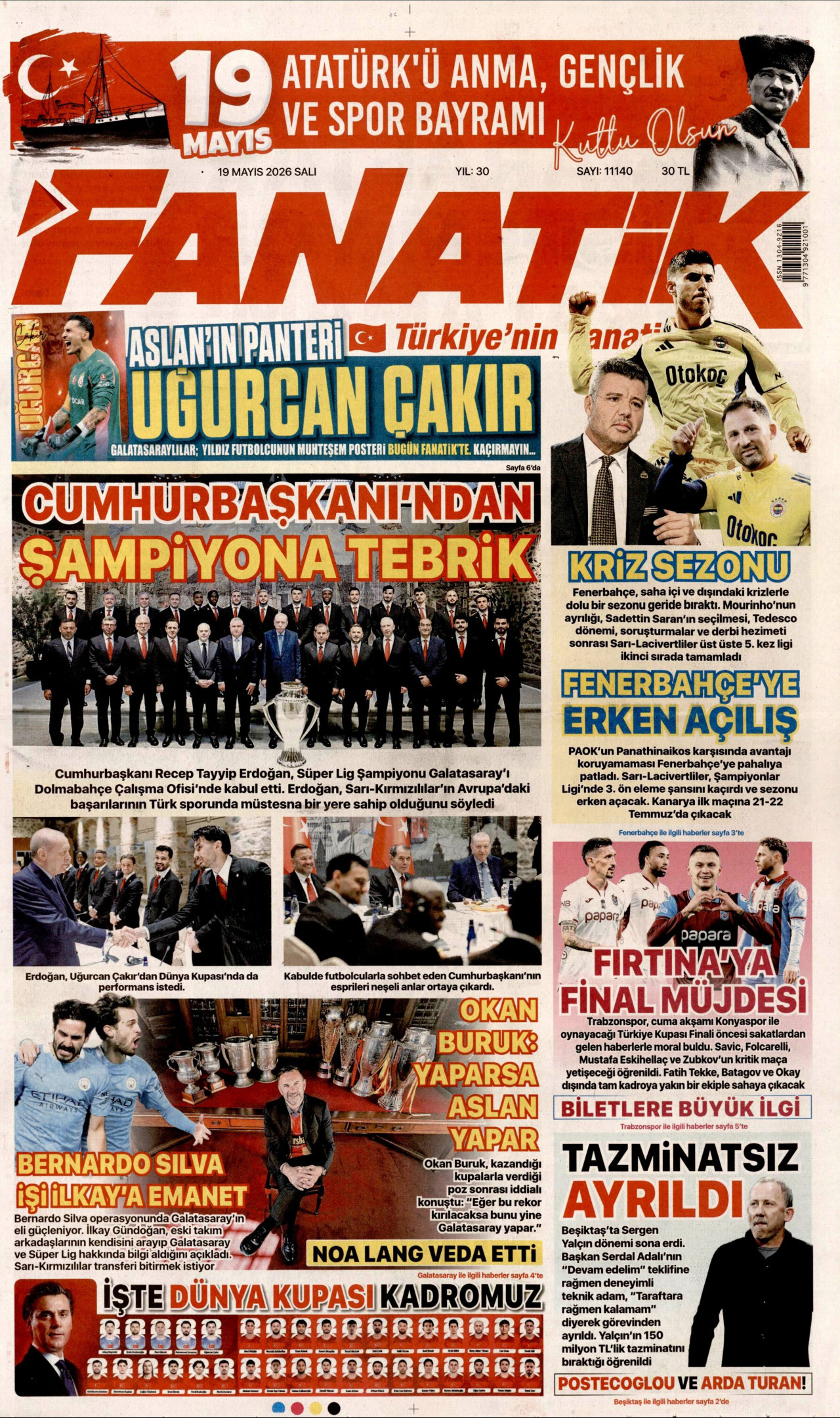 FANATİK gazetesinin 19 Mayıs 2026 tarihli birinci sayfası