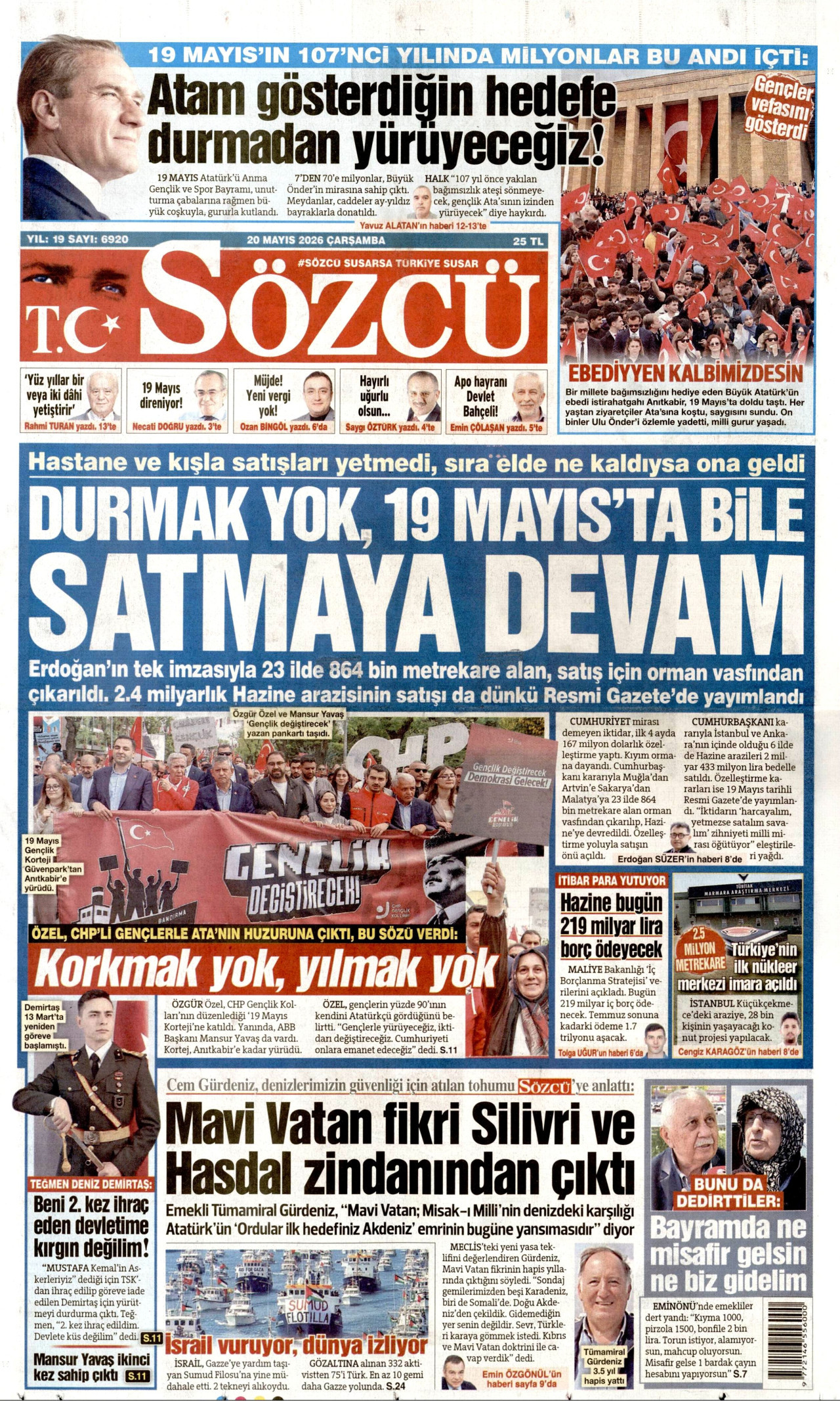 SÖZCÜ gazetesinin 20 Mayıs 2026 tarihli birinci sayfası