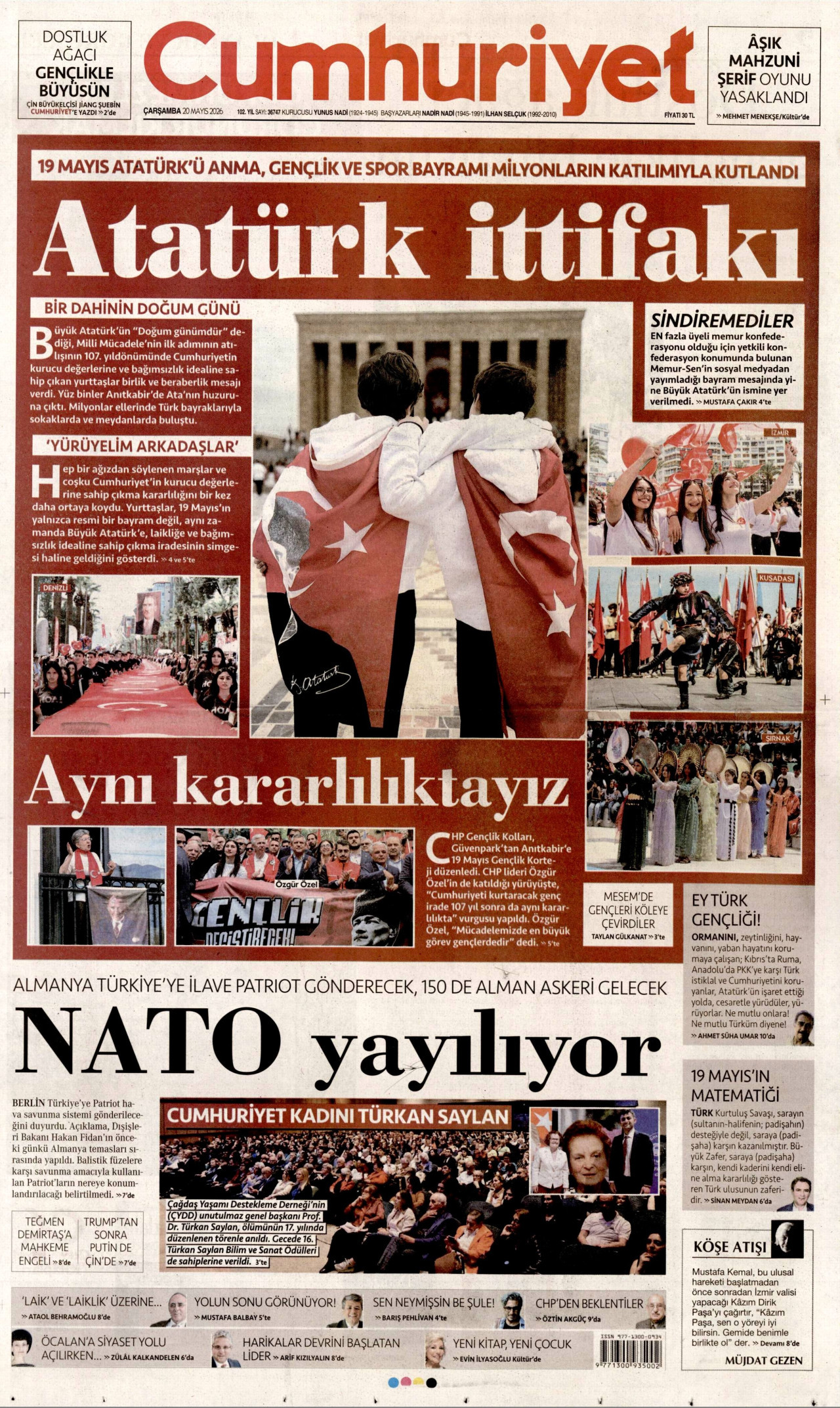 CUMHURİYET gazetesinin 20 Mayıs 2026 tarihli birinci sayfası