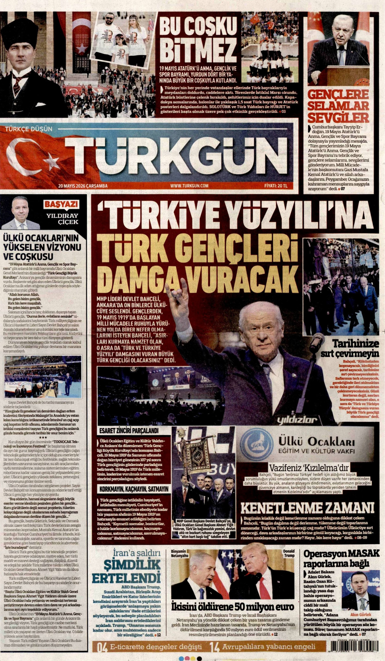 TÜRKGÜN gazetesinin 20 Mayıs 2026 tarihli birinci sayfası