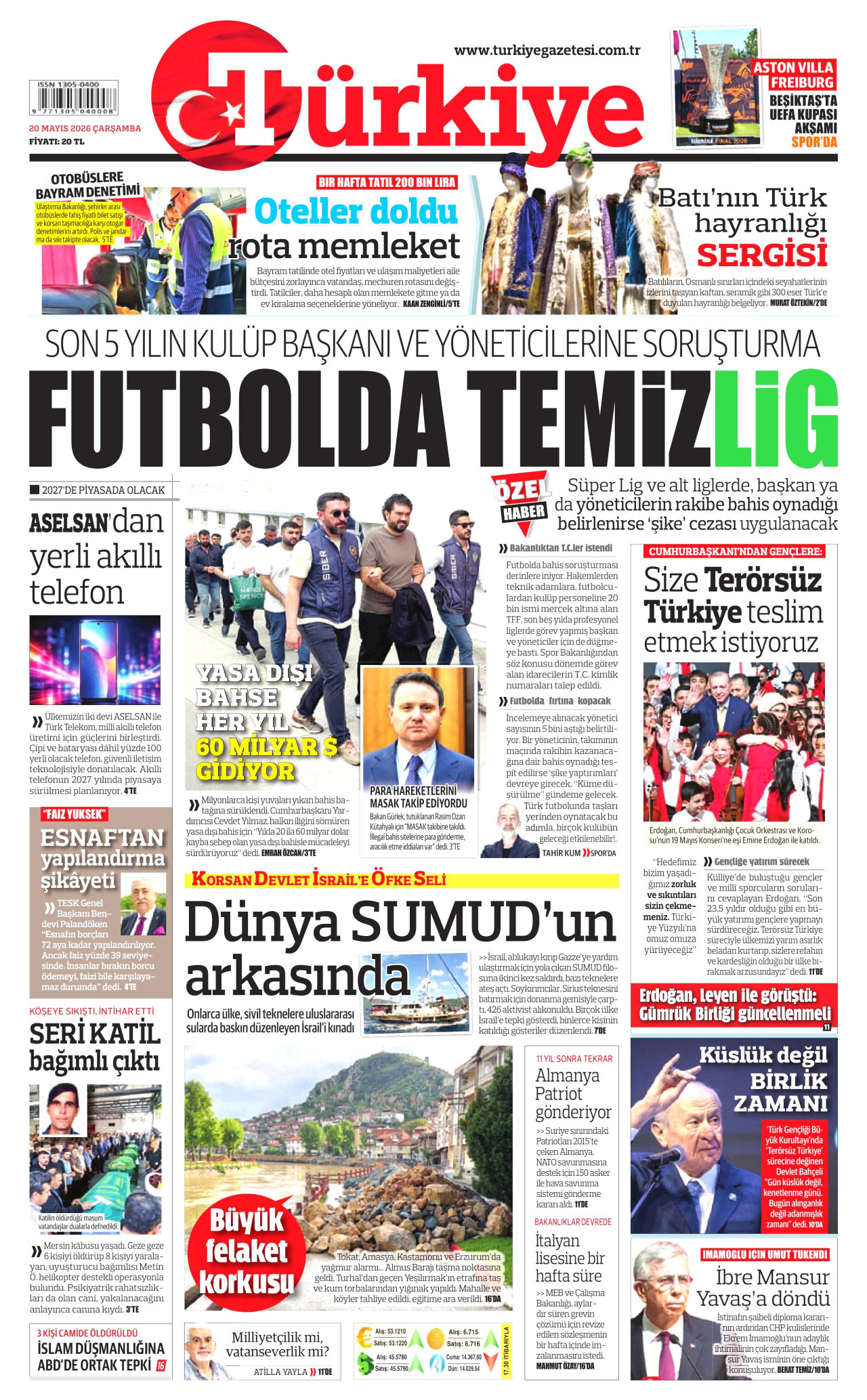 TÜRKİYE GAZETESİ gazetesinin 20 Mayıs 2026 tarihli birinci sayfası