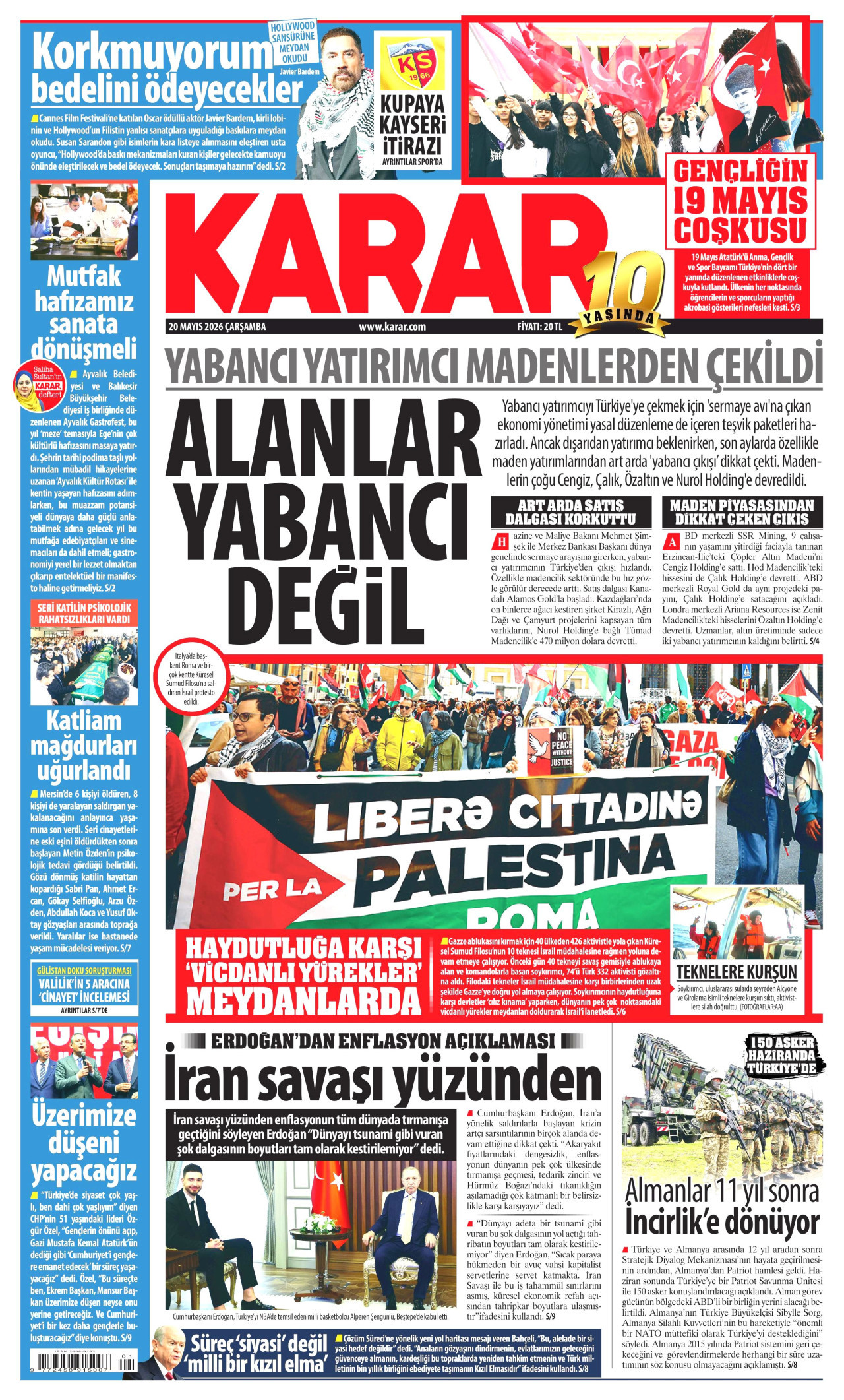 KARAR gazetesinin 20 Mayıs 2026 tarihli birinci sayfası